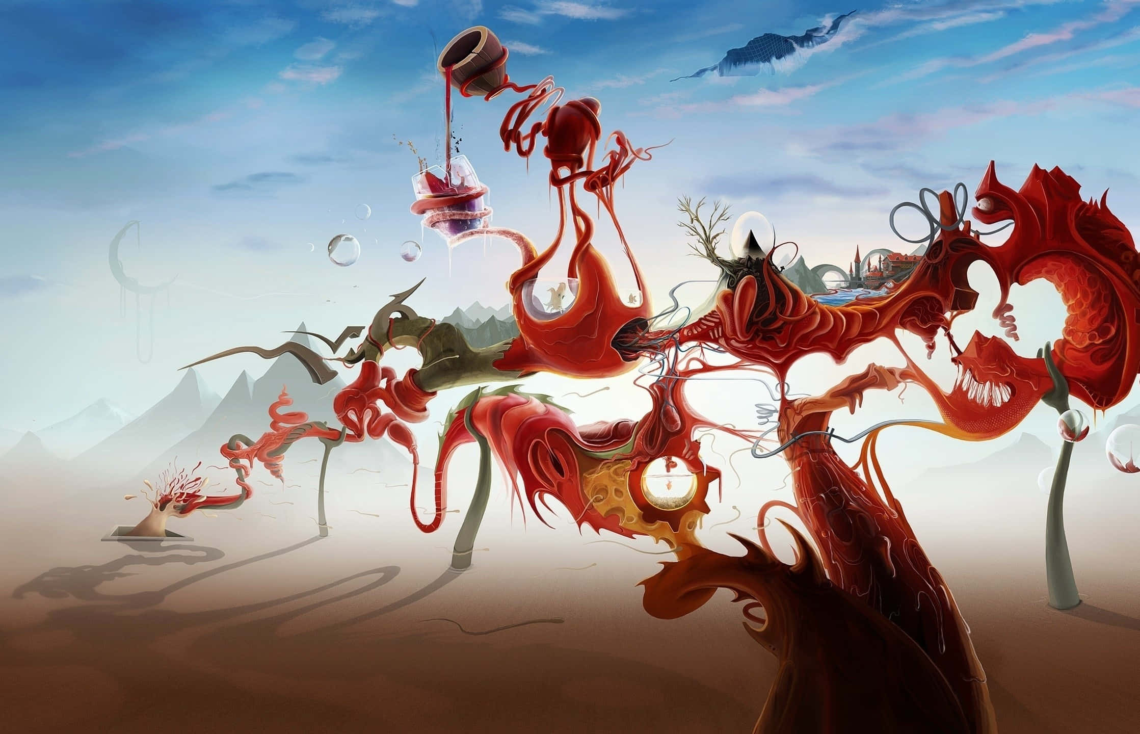 Surrealism 桌布 壁紙 — 一幅超現實的數碼藝術作品，描繪沙漠景觀，有流動的紅色有機形態和漂浮的氣泡，背景是藍天。