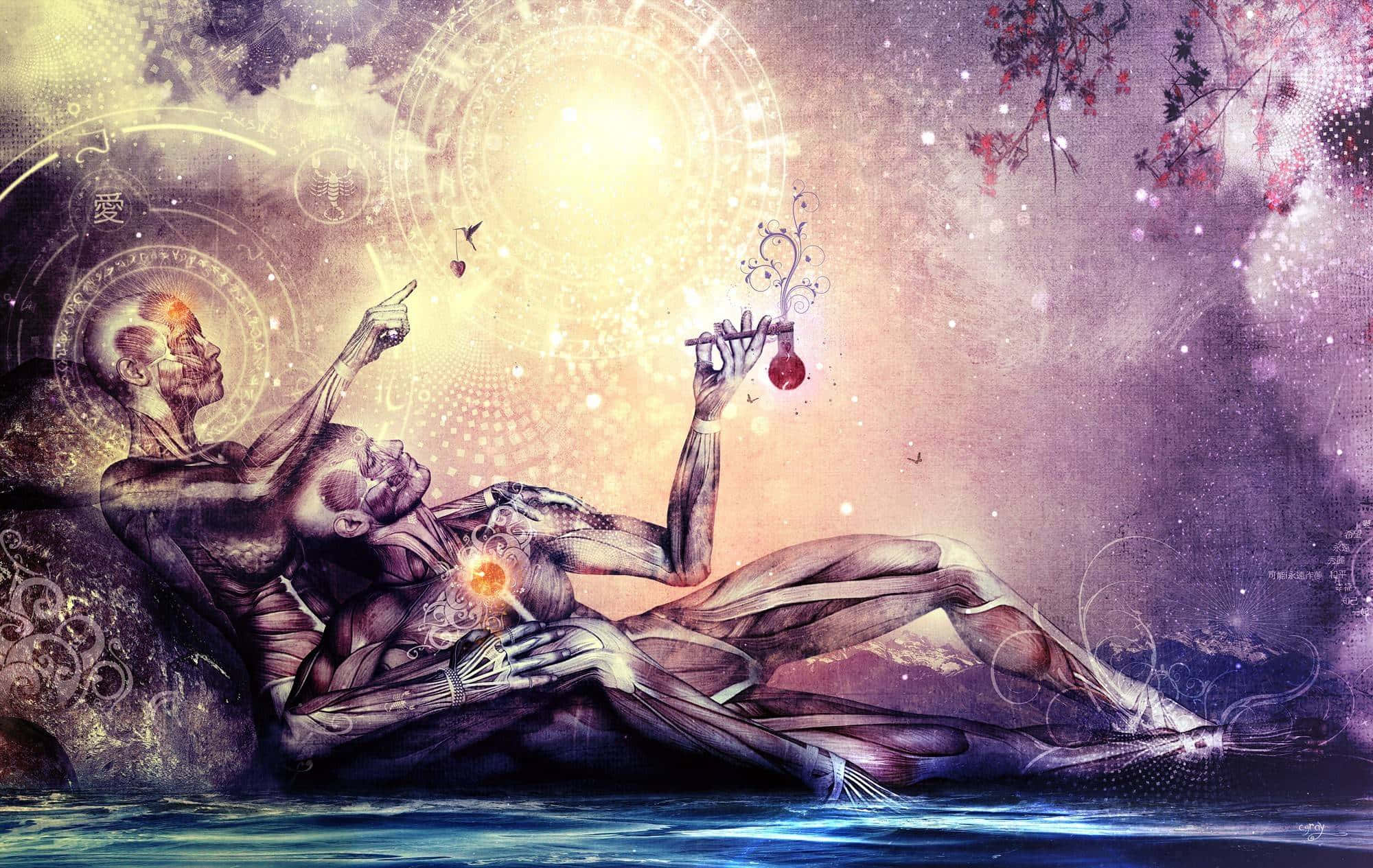 dmt 桌布 壁紙 — 一幅超現實的數碼藝術作品描繪了兩個半透明的人形在宇宙場景中，帶有發光的符號和櫻花飄浮在空靈的光線中。