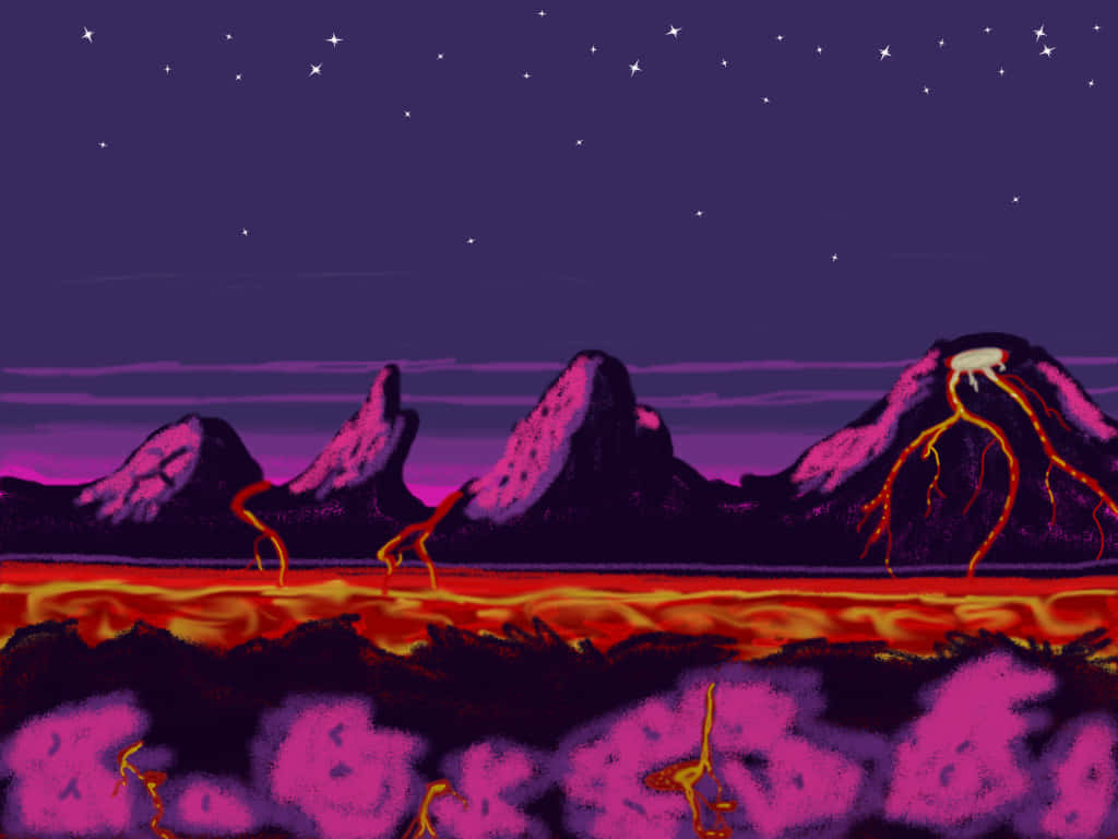 Sonic Lava Reef 桌布 壁紙 — 一幅超現實的數碼藝術作品描繪了夜晚的火山景觀，在星空下，發光的熔岩河流在鋸齒狀的紫色山脈下流淌。