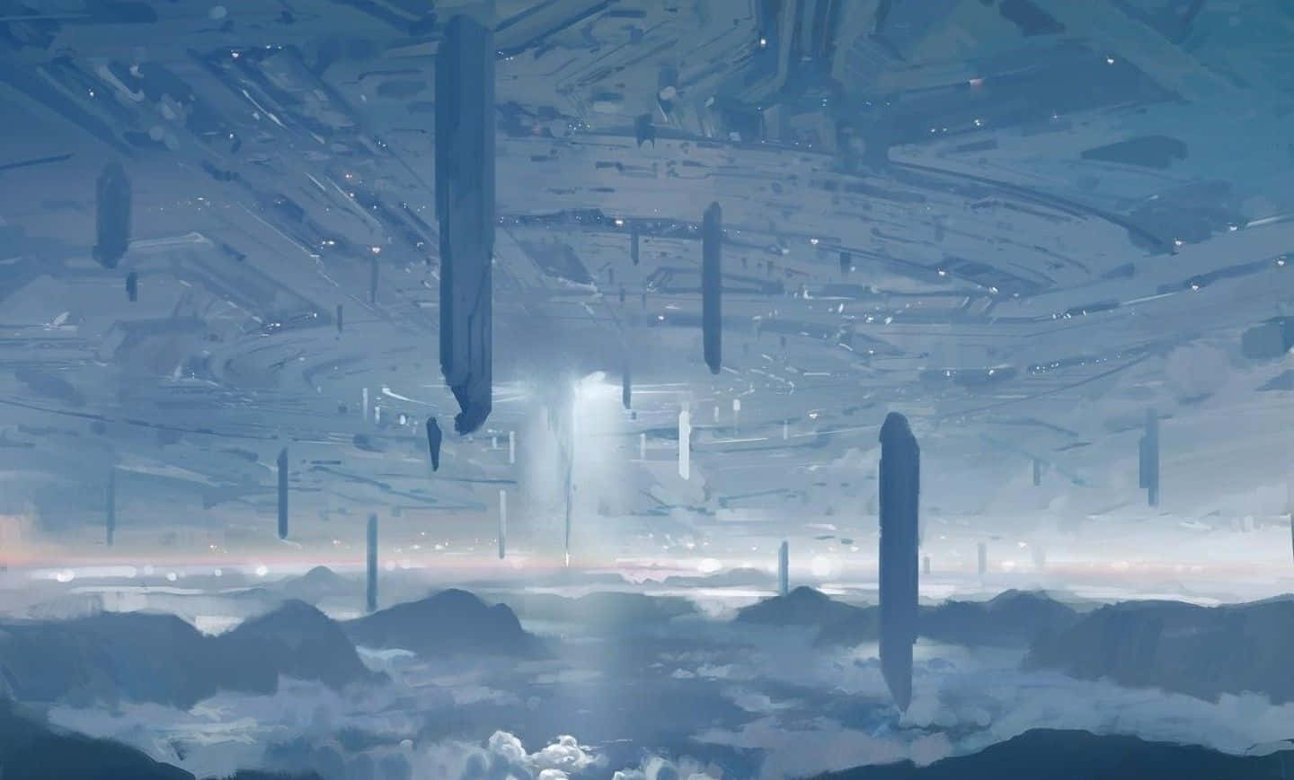 Halo Forerunner 桌布 壁紙 — 一幅超現實的數碼藝術場景，高聳的巨石柱懸浮在迷霧天空中，下方是霧氣瀰漫的風景，帶有柔和的藍色和灰色調。