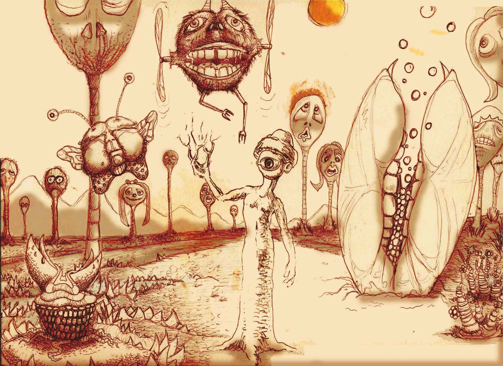 Cartoon Alien 桌布 壁紙 — 一幅超現實的棕褐色調插圖，描繪了一個中央的單眼人形生物，在荒蕪的景觀中被奇異的外星生物和漂浮的頭顱包圍。