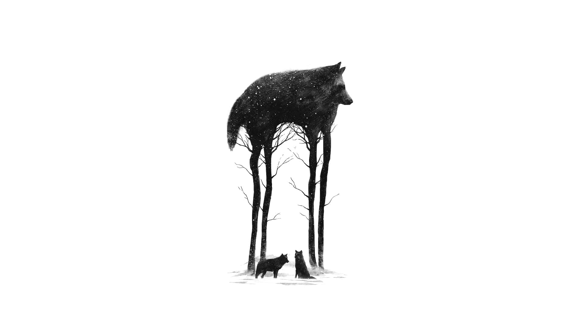 Minimalist Animal 桌布 壁紙 — 一幅超現實的黑白插圖，描繪一隻由光禿樹木形成的巨狼，站在雪地中的兩隻小狼之上。