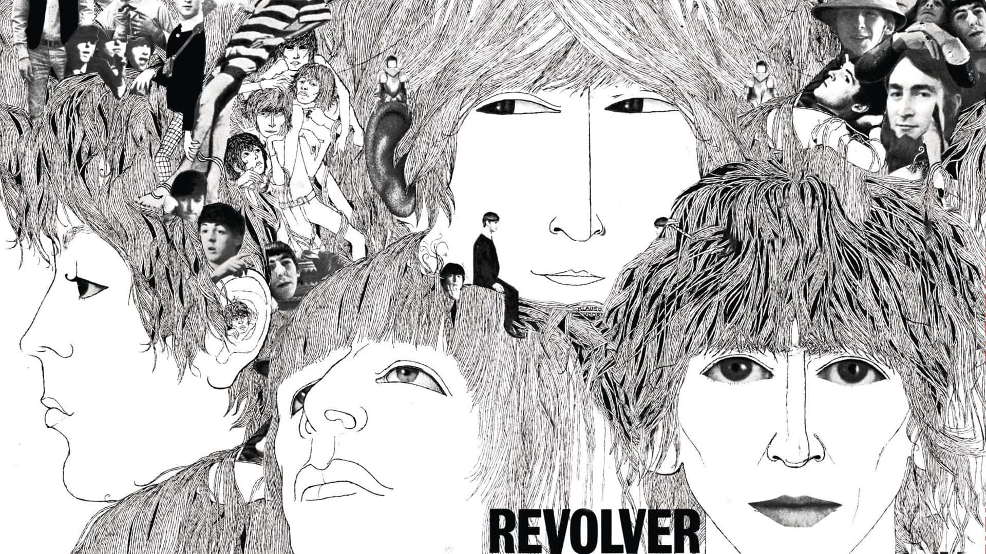 the beatles 桌布 壁紙 — 一幅超現實的黑白插圖，描繪多張面孔，其頭髮和特徵中藏有較小的人物。