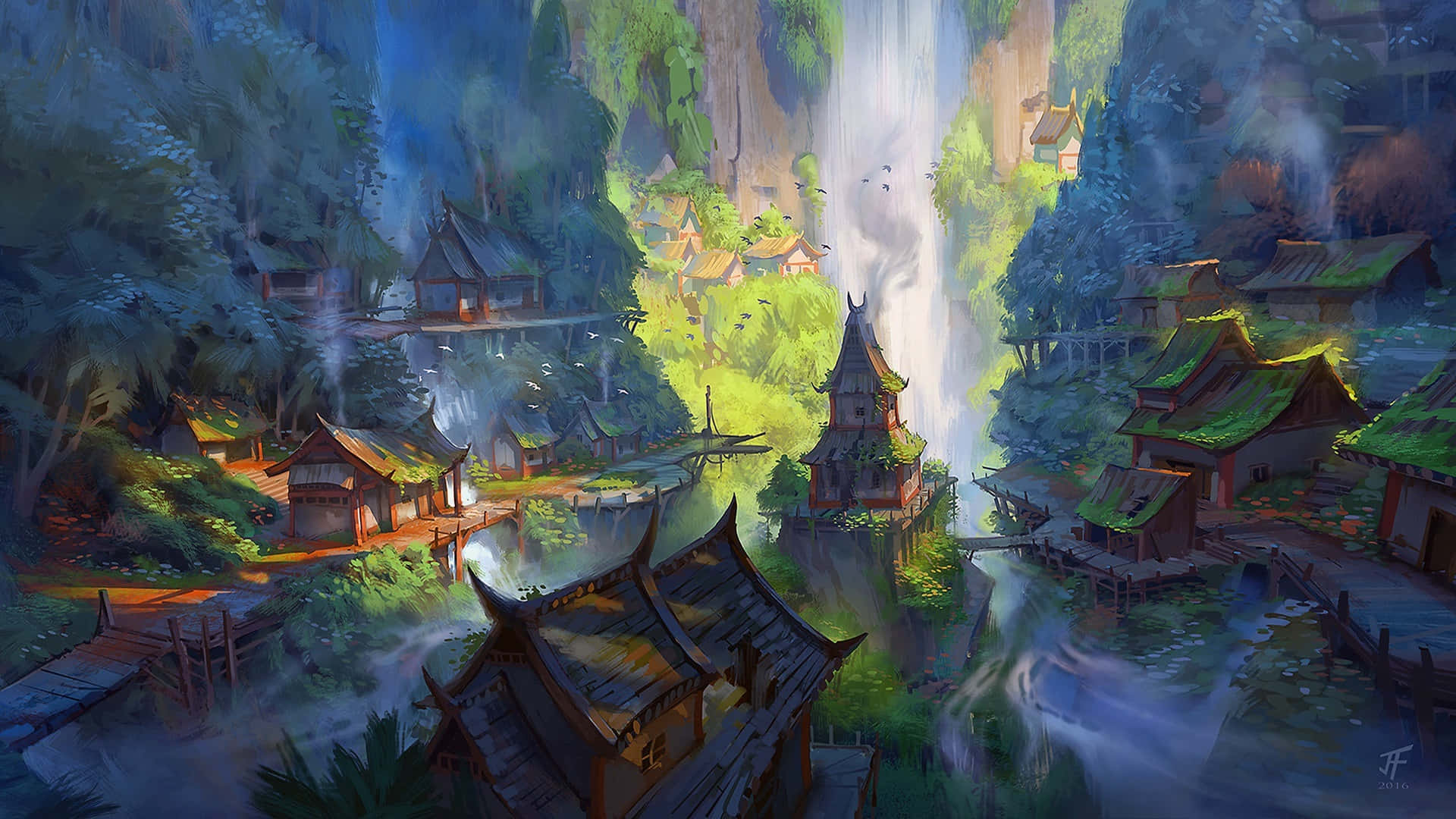 一幅超現實自然風景畫 壁紙 — 一個霧氣瀰漫的村莊坐落在鬱鬱蔥蔥的山谷中，傳統木屋後方有高聳的瀑布傾瀉而下。