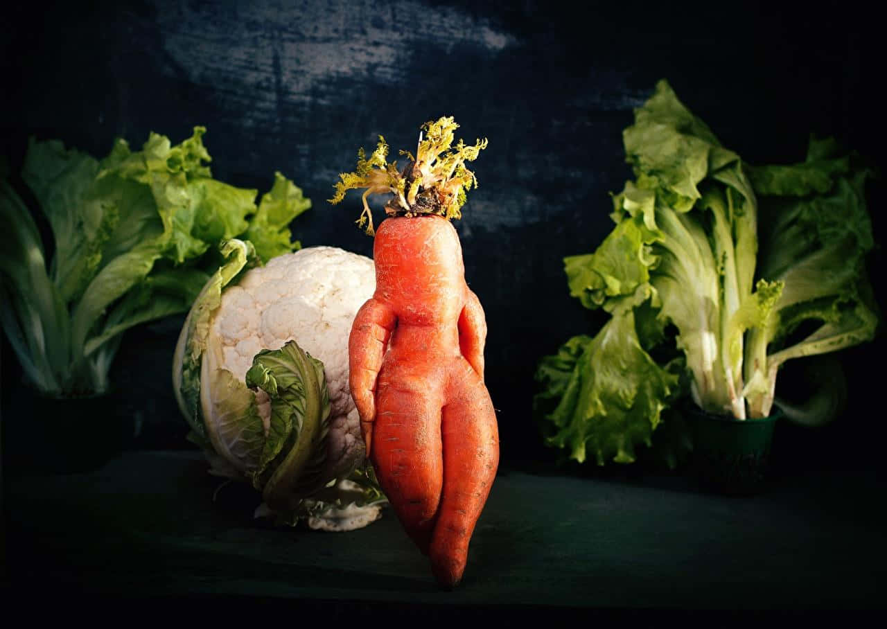 Carrot 桌布 壁紙 — 一幅超現實靜物畫，描繪一個人形胡蘿蔔站在椰菜花和生菜之間，背景為深色紋理。