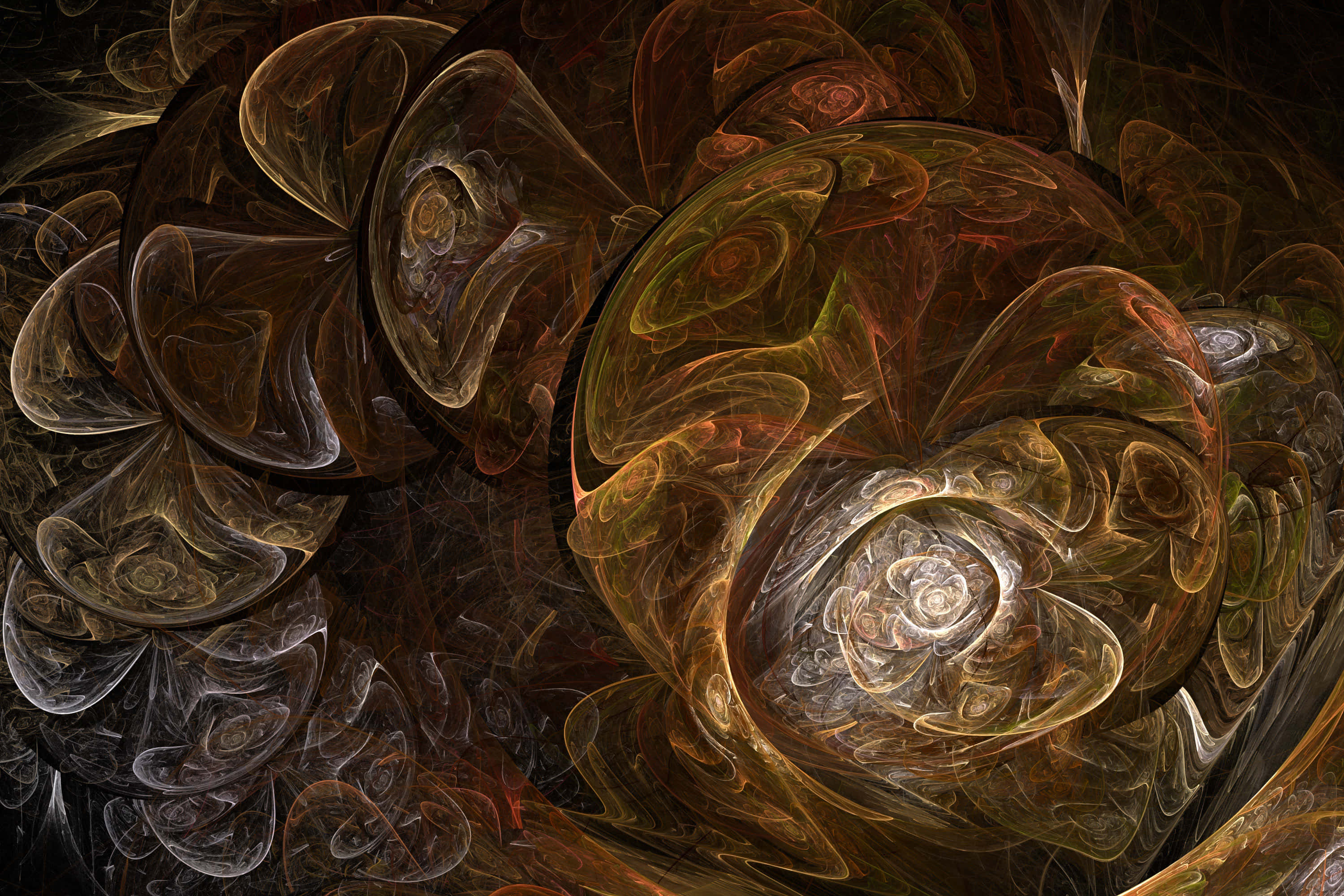 Brown Abstract 桌布 壁紙 — 一幅迷人的分形藝術作品，在深色背景上呈現旋轉的金色琥珀和深棕色有機形態。