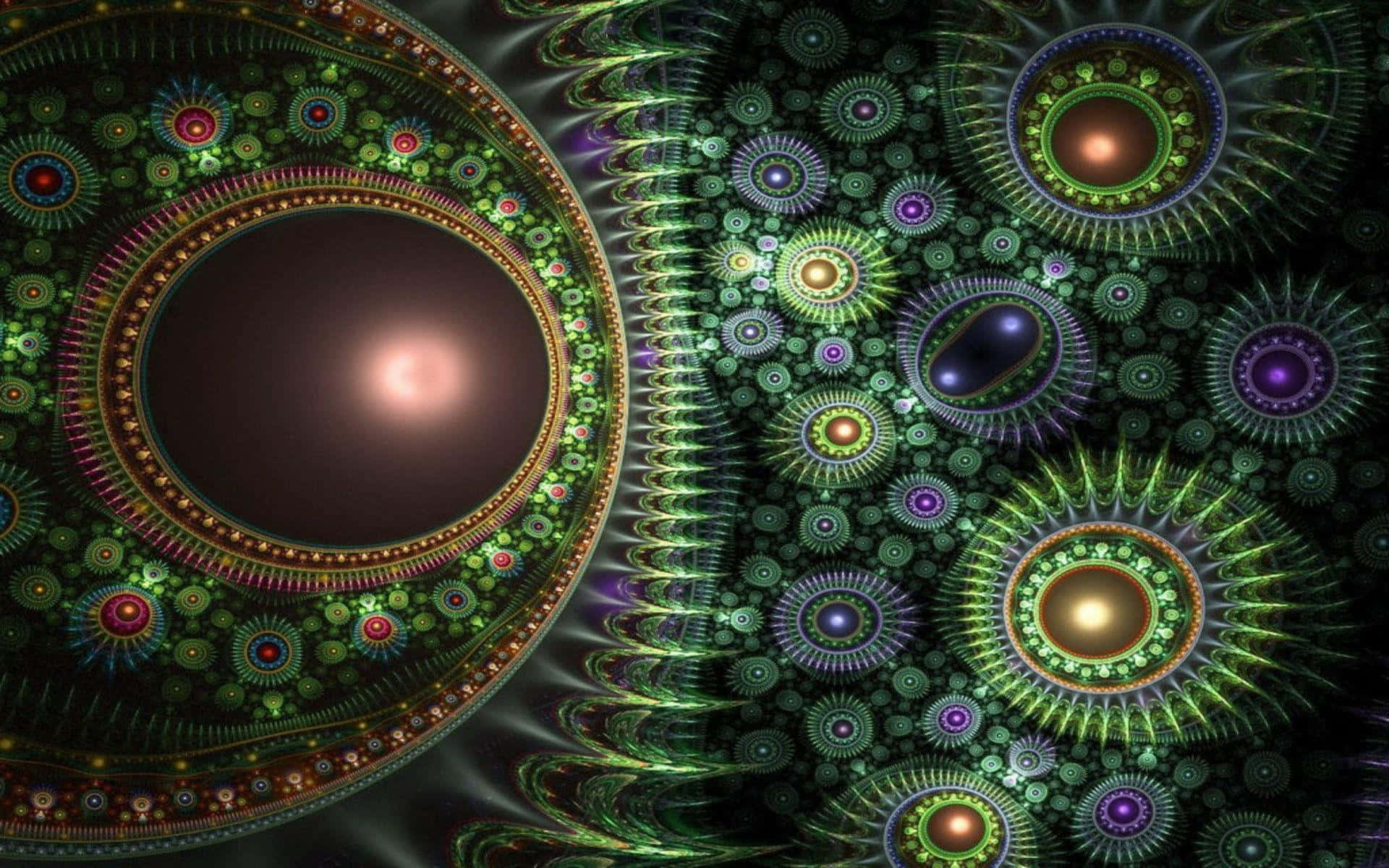 碎形動畫 桌布 壁紙 — 一幅迷人的分形藝術作品，在深色背景上呈現發光的綠色和紫色圓形圖案，帶有輻射核心。