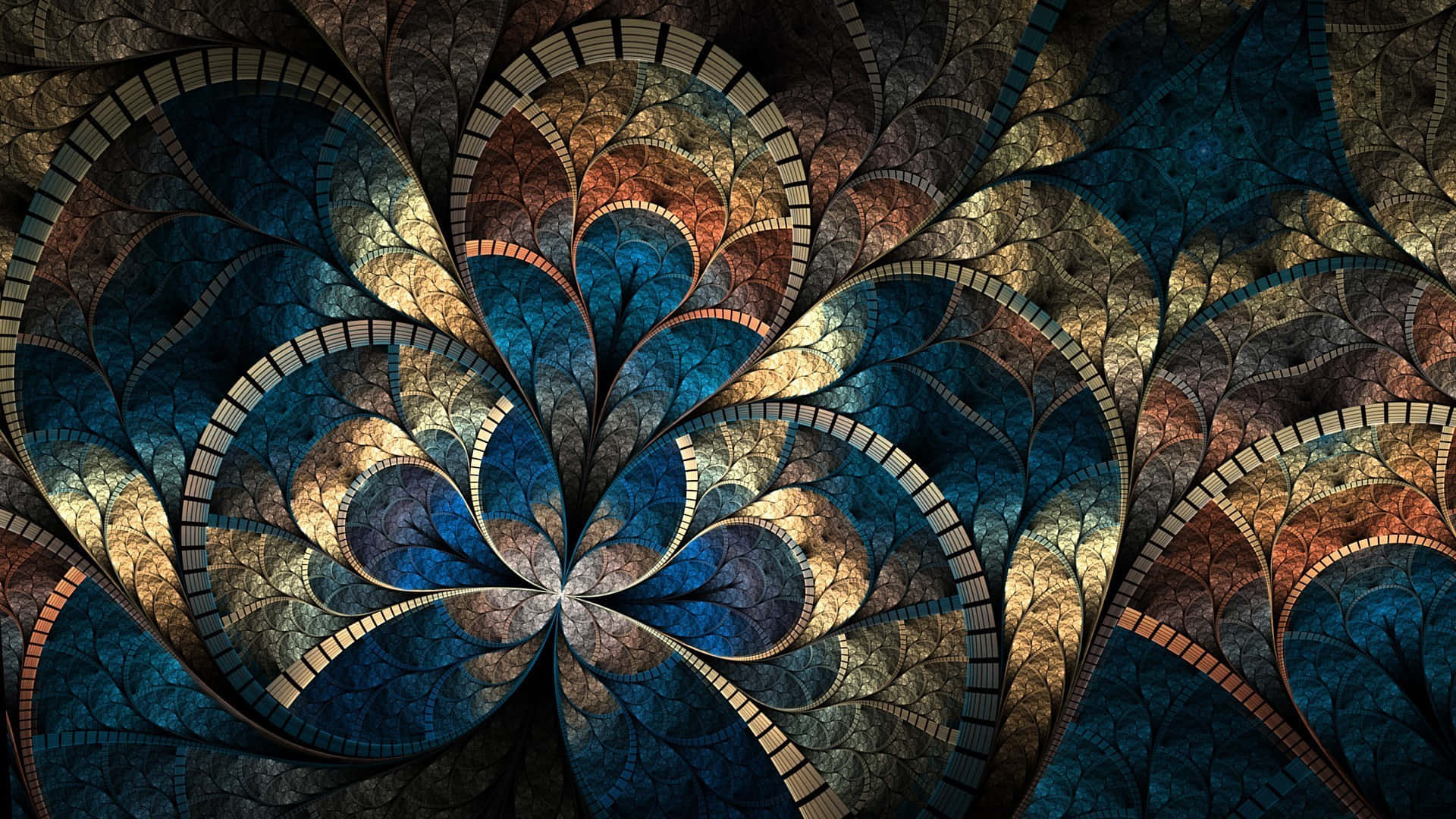 Psychedelic 3d Art 桌布 壁紙 — 一幅迷人的分形藝術作品，帶有從中心點輻射出的藍色、金色和棕色漩渦圖案。