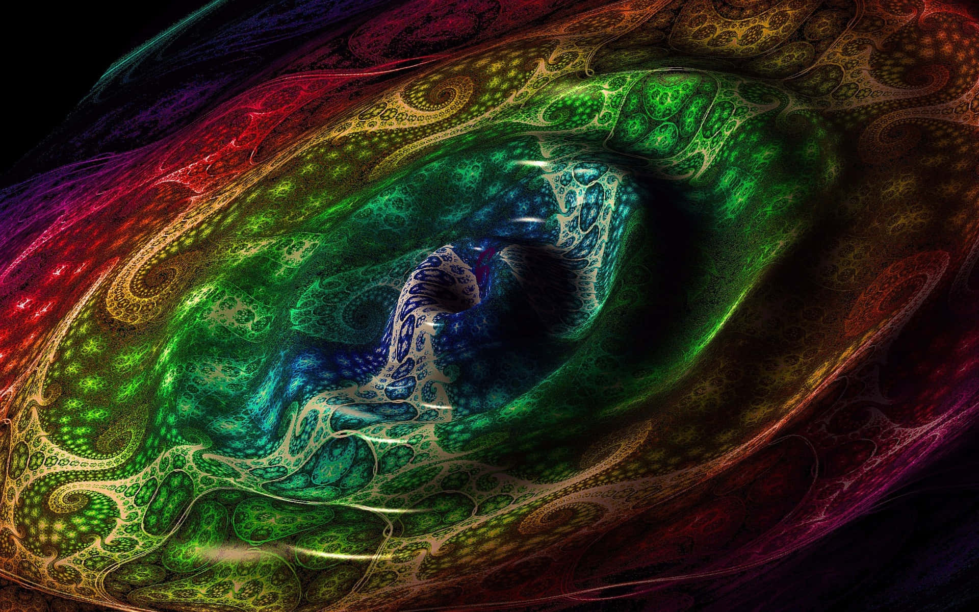Trippy Fractals 桌布 壁紙 — 一幅迷人的分形藝術作品，旋轉著充滿活力的綠色、藍色和紅色圖案，形成一個抽象的宇宙之眼。
