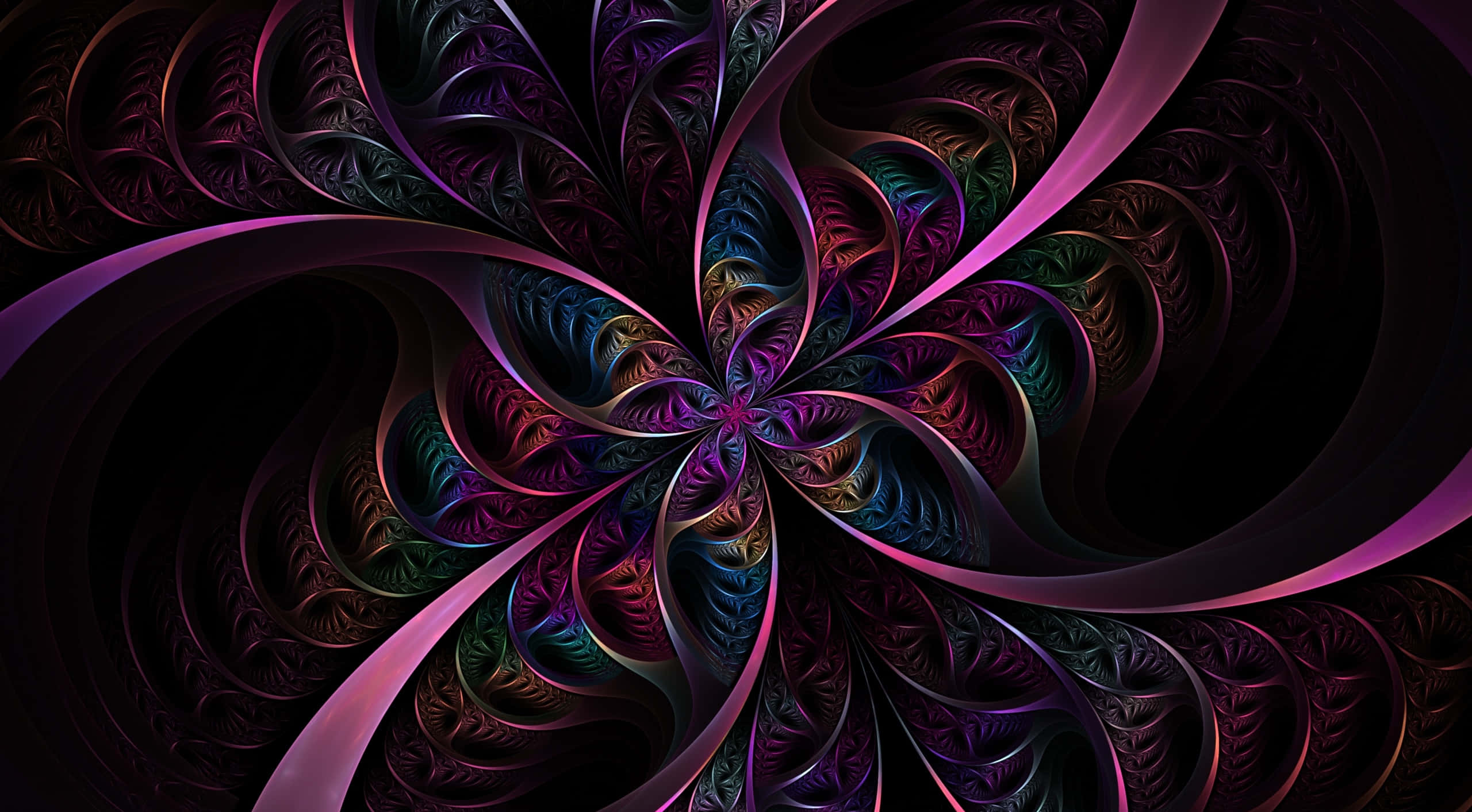 Trippy Fractals 桌布 壁紙 — 一幅迷人的數位分形藝術品，在深色背景上以對稱螺旋圖案散發出鮮豔的紫色、藍色和綠色。