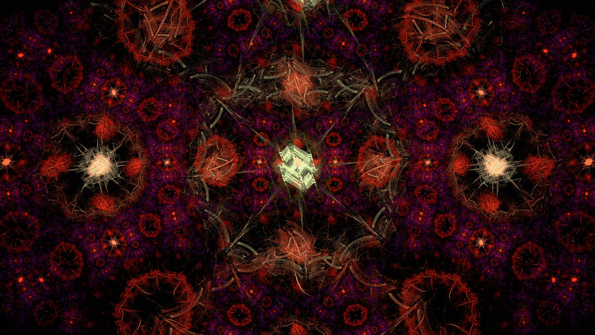 Dark Abstract Art 桌布 壁紙 — 一幅迷人的數碼分形藝術作品，以從中央晶體結構放射出的發光紅色和紫色幾何圖案為特色。