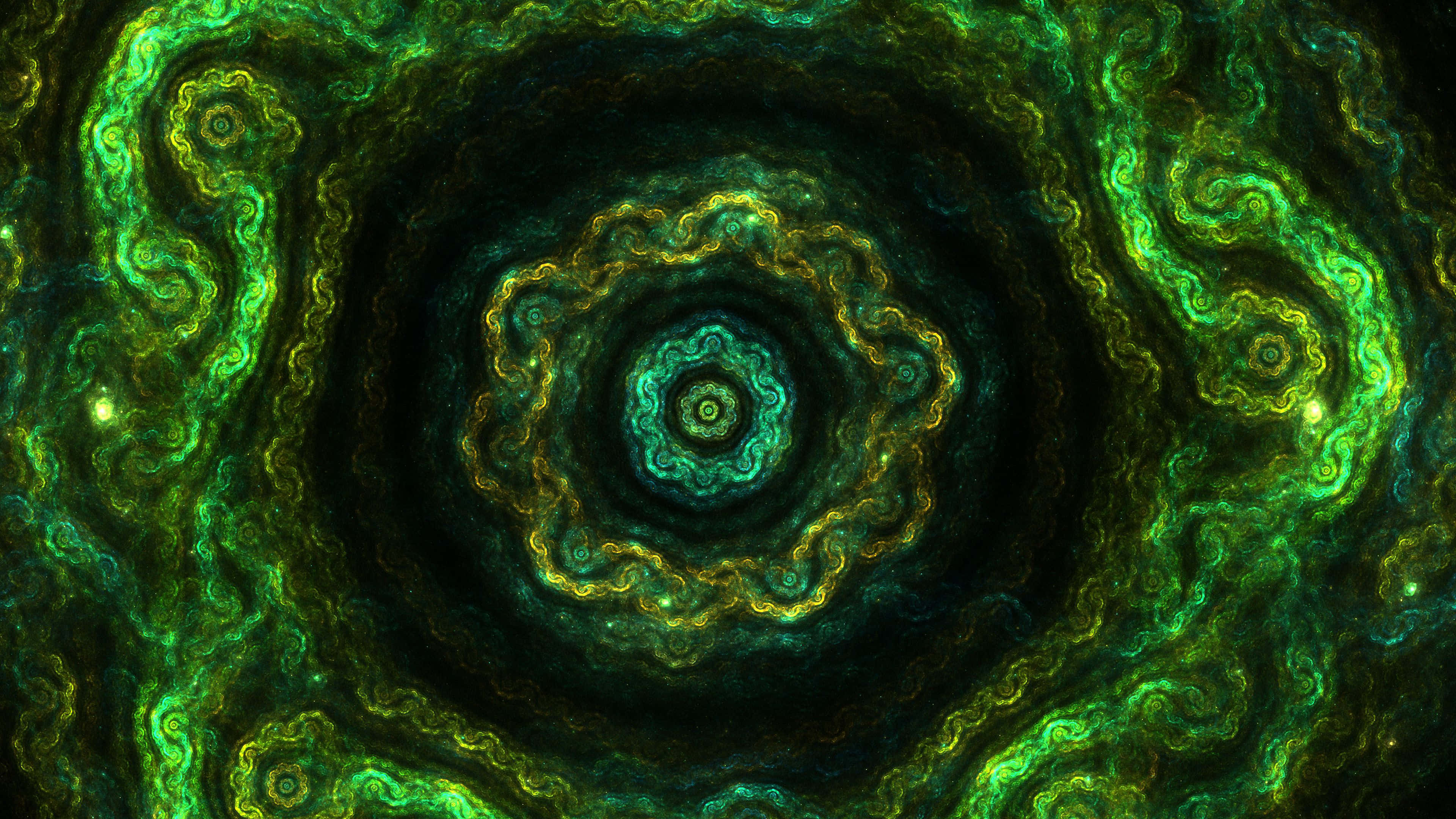 Psychedelic Fractals 桌布 壁紙 — 一幅迷人的數碼分形藝術作品，在深色背景上，從中央漩渦散發出旋轉的綠色和黃色圖案。