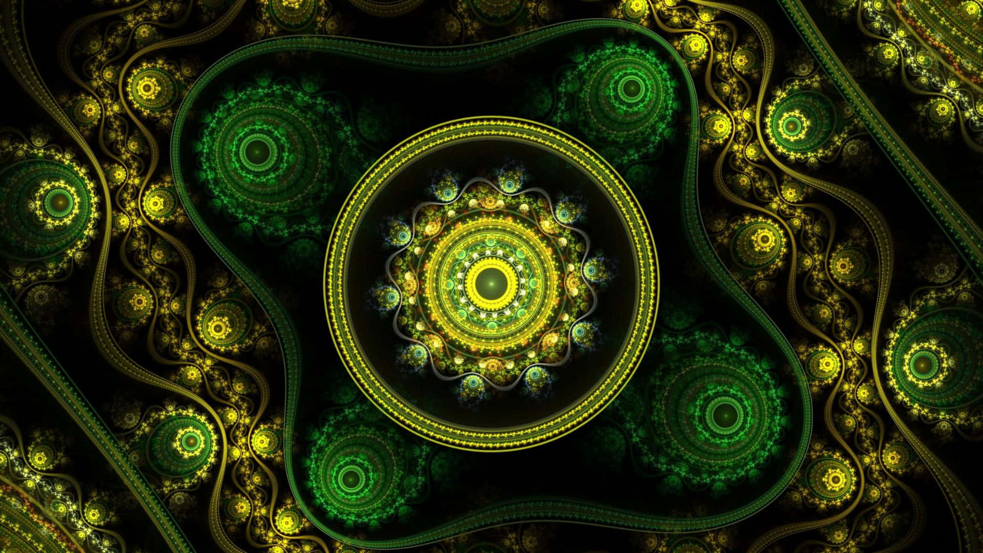 Psychedelic Fractals 桌布 壁紙 — 一幅迷人的數碼分形藝術作品，在黑色背景上呈現發光的綠色和金色同心圓及螺旋。