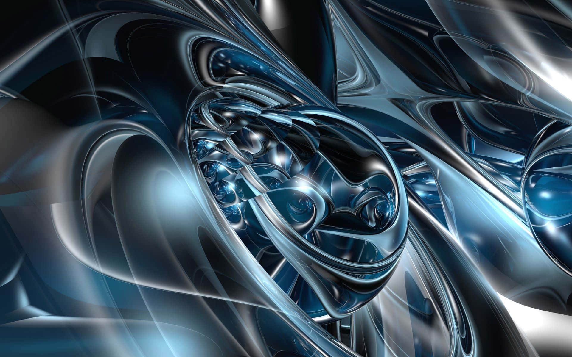 3d Graphics 桌布 壁紙 — 一幅迷人的數碼藝術作品，呈現旋轉的金屬藍色和銀色分形圖案，帶有發光的高光。