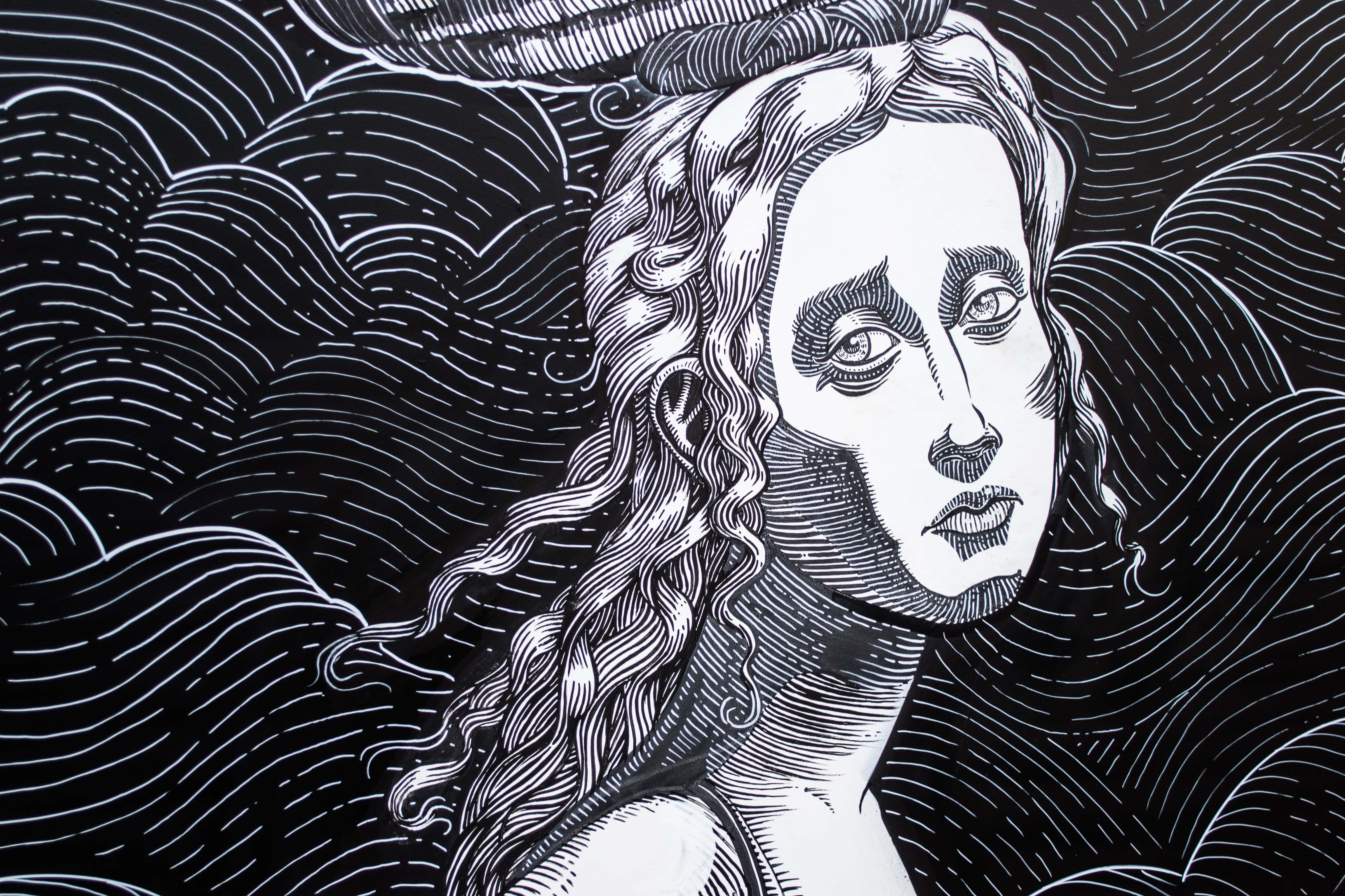 一幅迷人的繪畫 壁紙 — 一個令人難忘的黑白線條藝術肖像，描繪一位長髮飄逸的女性，被旋渦波浪圖案環繞。