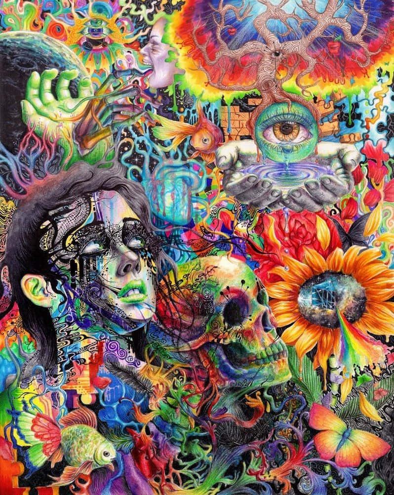 Tripping 桌布 壁紙 — 一幅迷幻拼貼畫，包含女性面孔、頭骨、眼睛、向日葵和魚等超現實元素，色彩鮮豔如彩虹。