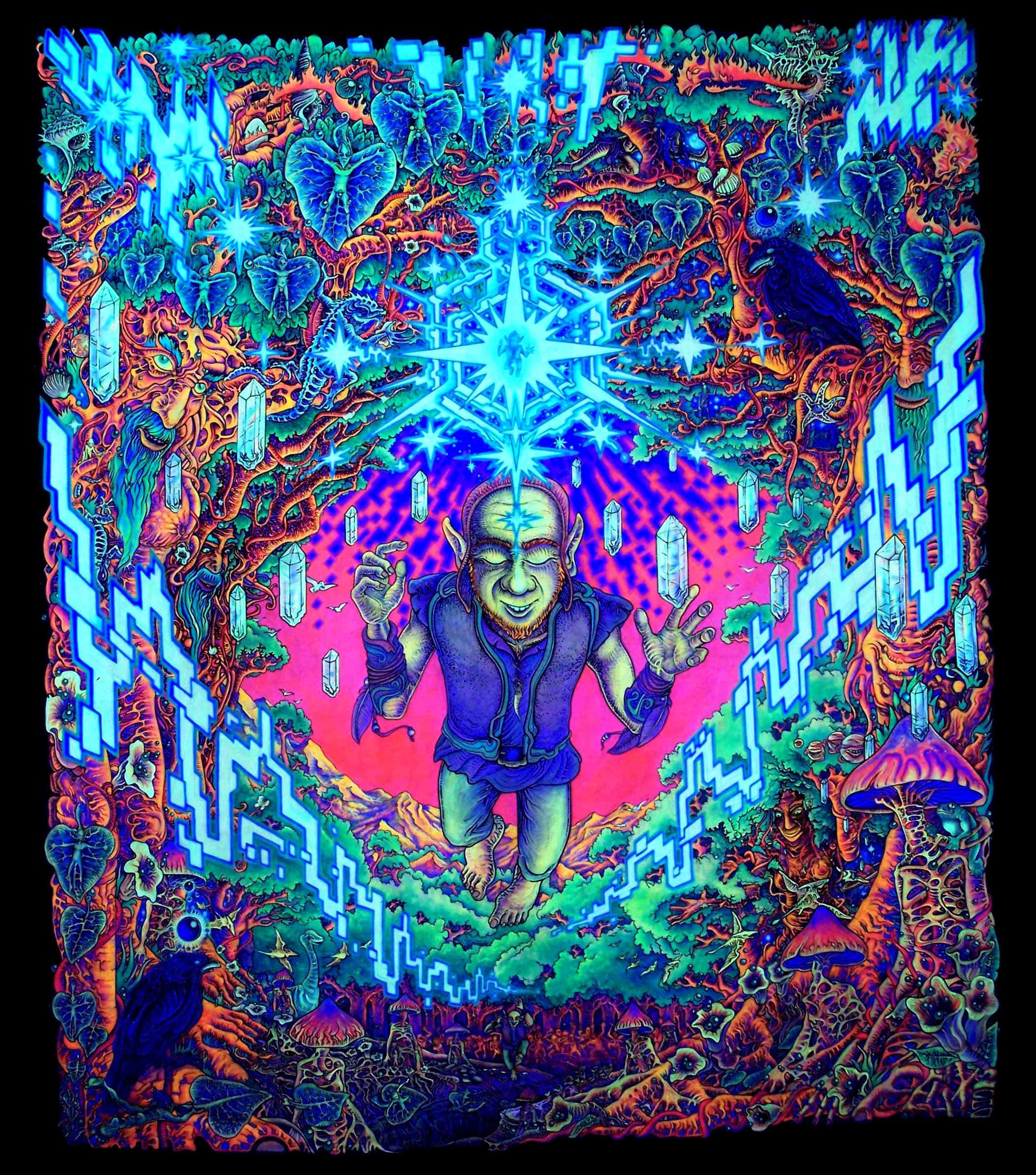 Trippy 3d Art 桌布 壁紙 — 一幅迷幻插圖，描繪一個微笑的人形生物漂浮在發光的晶體和超現實植物之間，上方是燦爛的藍色星爆。