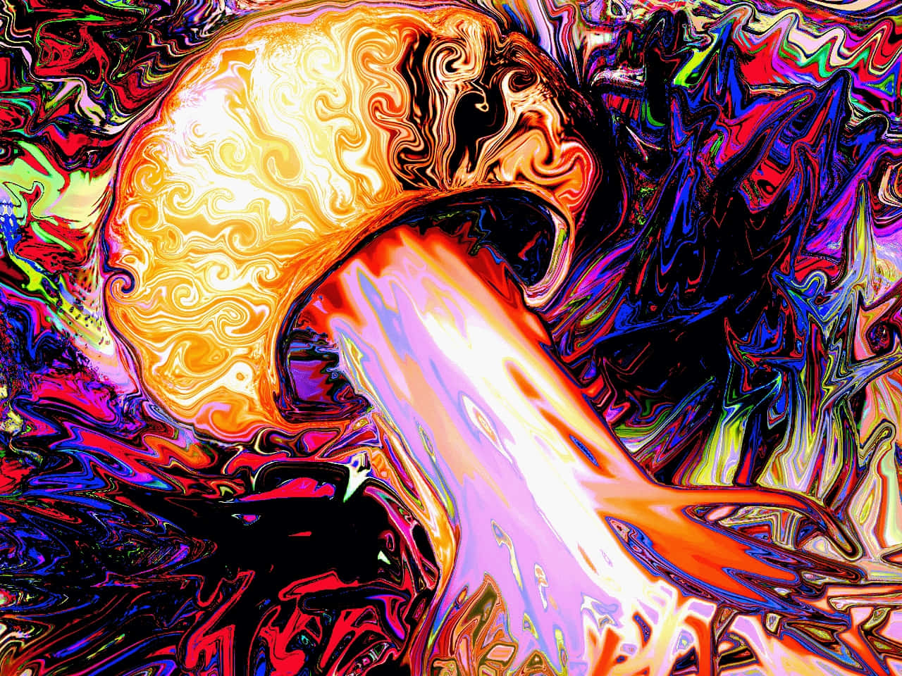 Trippy Mushroom 桌布 壁紙 — 一幅迷幻數位藝術作品，呈現火橙色與電光藍的旋轉漩渦，帶有融化、流動的紋理。