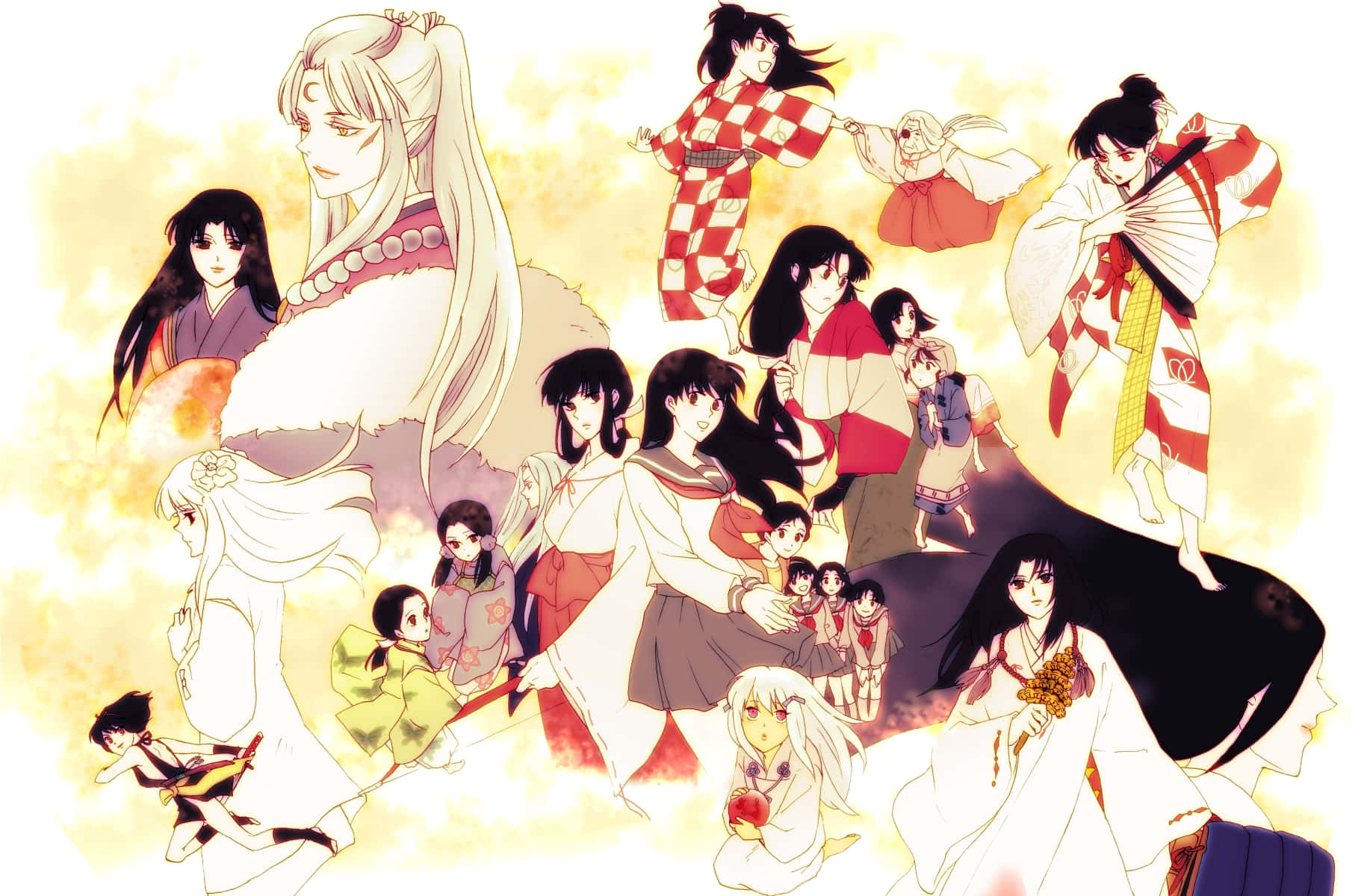 Inuyasha Kagura 桌布 壁紙 — 一幅閃耀的動漫拼貼畫，角色穿著傳統日本和服，背景是發光的金色。