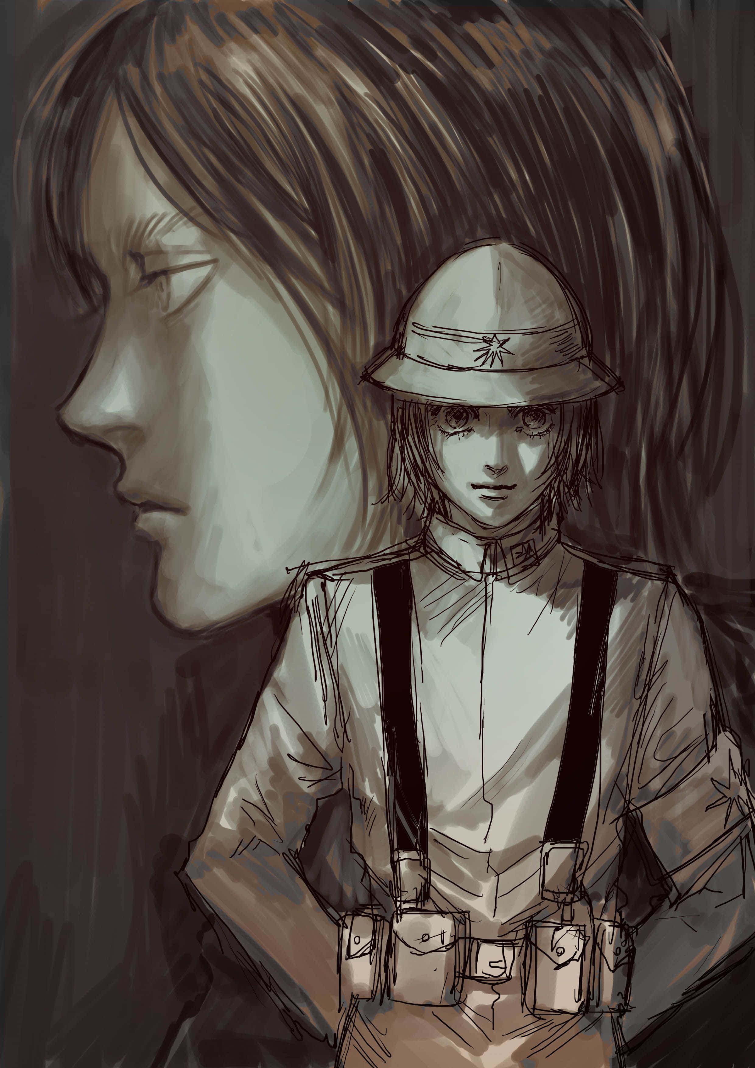 Gabi Braun 桌布 壁紙 — 一幅陰鬱的動漫風格插圖，描繪一名身穿制服的年輕士兵，站在一個更大的陰影面孔前，色調柔和的大地色系。