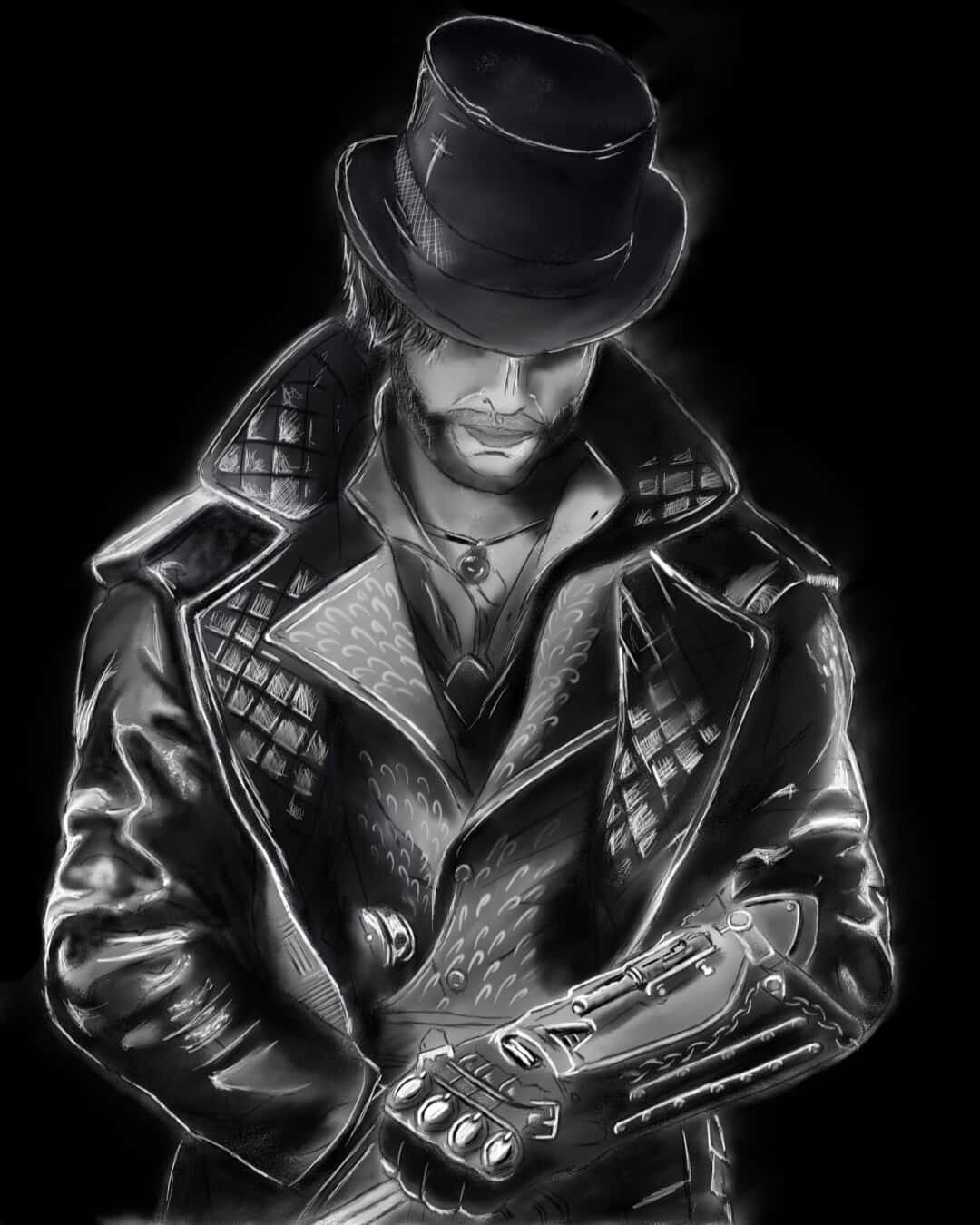 Jacob Frye 桌布 壁紙 — 一幅陰鬱的黑白插圖，描繪一名戴高帽、穿皮衣的男子，在黑暗背景下手持未來武器。