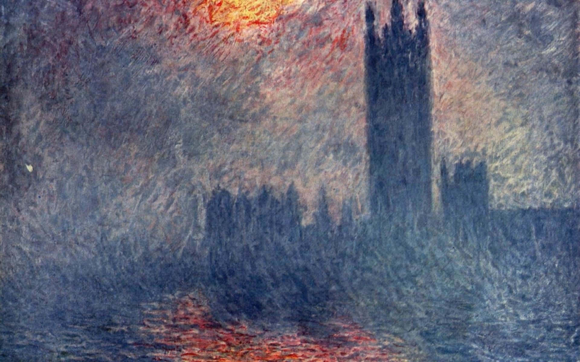 Impressionism 桌布 壁紙 — 一幅霧氣瀰漫的印象派畫作，描繪倫敦國會大廈，泰晤士河上倒映著火紅的橙色日落。