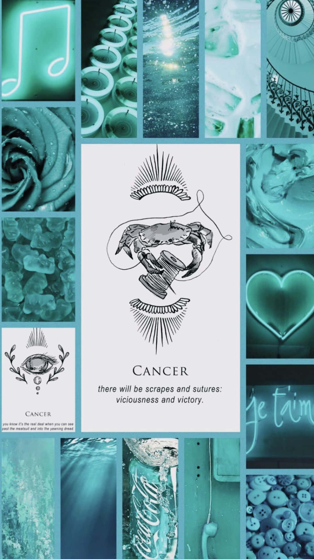 cancer 桌布 壁紙 — 一幅青綠色調的拼貼畫，中央為螃蟹紋身設計，周圍環繞著抽象圖案和象徵性圖像。