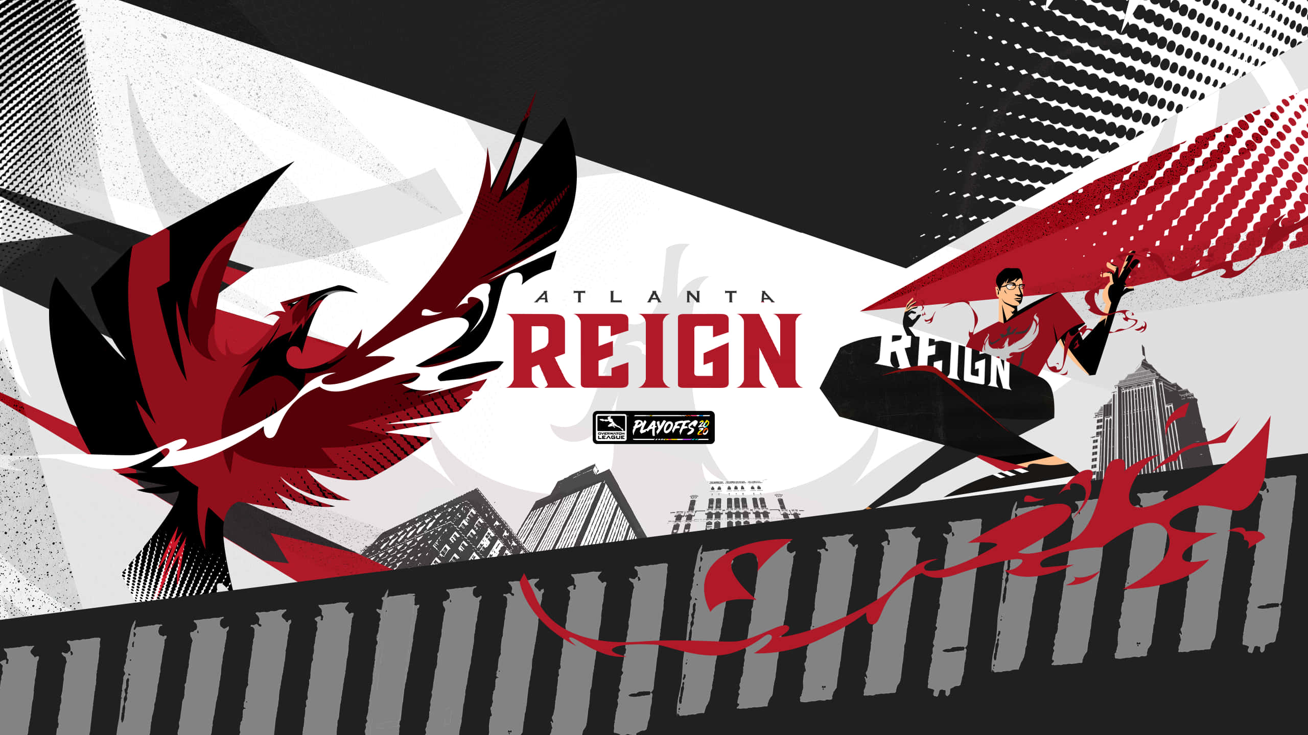 Overwatch League 桌布 壁紙 — 一幅風格化圖像，描繪一名身穿紅黑色的籃球運動員，在帶有兇猛鳳凰標誌的城市天際線上飛翔。