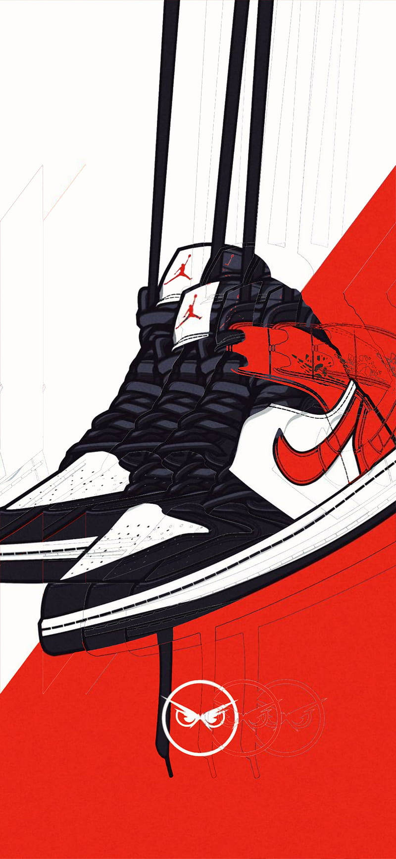 佐敦 桌布 壁紙 — 一幅風格化插圖，展示黑色和紅色的Air Jordan運動鞋，鞋帶懸掛在鮮明的紅色和白色幾何背景前。