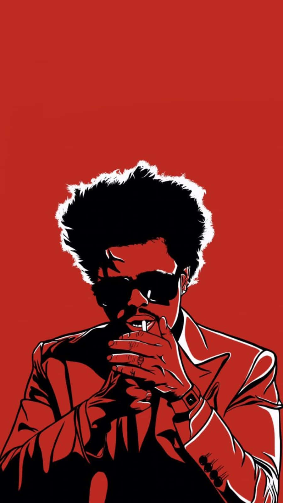 The Weeknd After Hours 桌布 壁紙 — 一幅風格化插圖，描繪一位留著非洲式髮型、戴著太陽眼鏡的男子，在純紅色背景前抽煙。