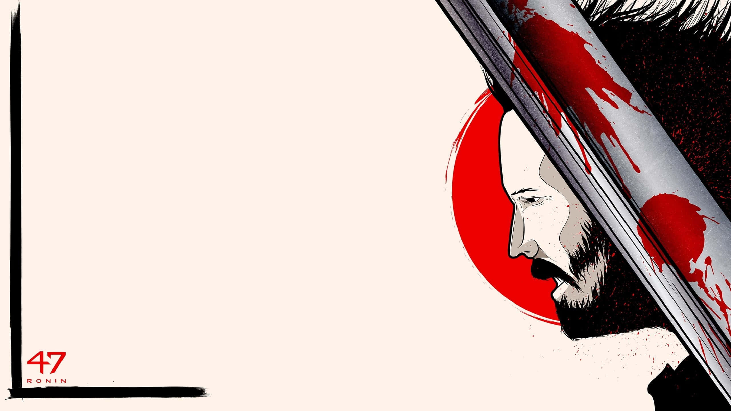 47 Ronin 桌布 壁紙 — 一幅風格化插圖，描繪一位留鬍鬚的男子側面，手持沾血的武士刀，背景為紅色圓形。