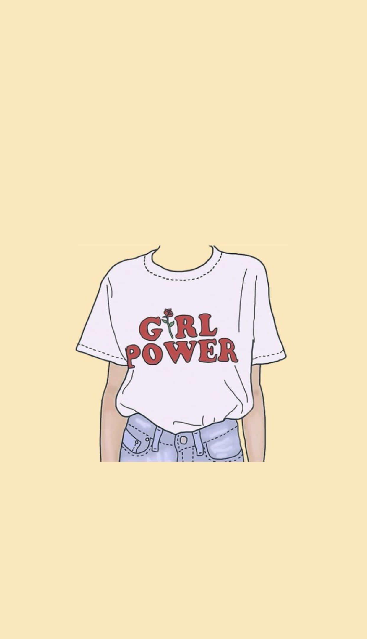Soft Girl Aesthetic 桌布 壁紙 — 一幅風格化插圖，描繪一個人穿著白色T恤，上面有紅色「GIRL POWER」文字和玫瑰圖案，搭配淺藍色牛仔褲，背景為淡黃色。