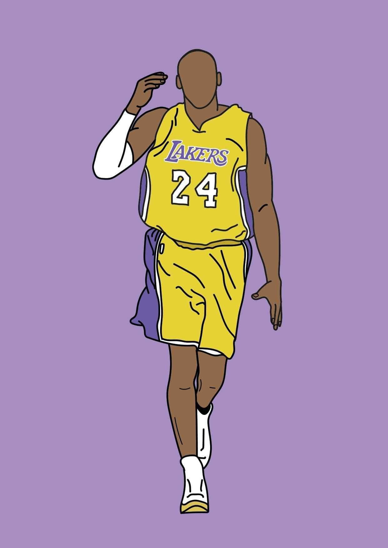 Kobe 桌布 壁紙 — 一幅風格化插圖，描繪一名身穿黃色湖人隊24號球衣的籃球運動員，在純紫色背景上行走。