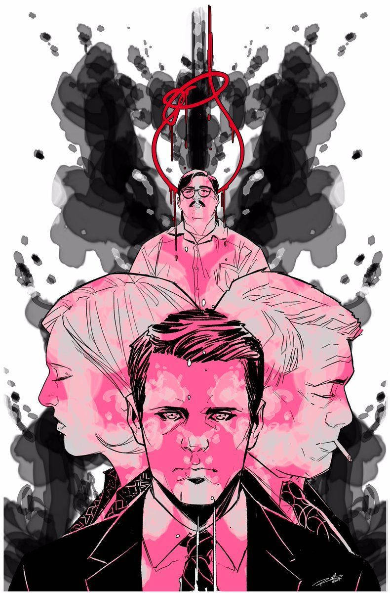 Netflix Chilling Mindhunter Fan Art 壁紙 — 一幅風格化插圖，描繪三個粉紅色和黑色的人物，上面有墨水飛濺和一個紅色絞索。