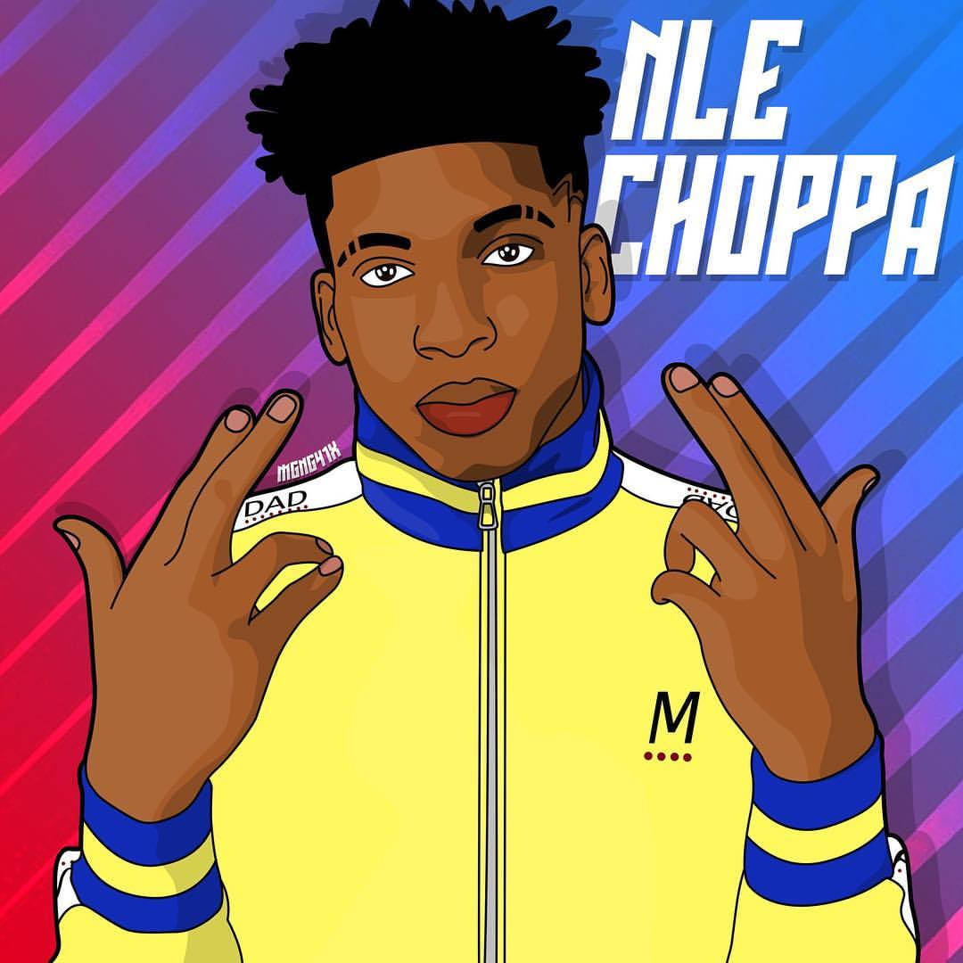 說唱歌手 桌布 壁紙 — 一幅風格化插圖，描繪說唱歌手 NLE Choppa 身穿黃色外套，背景為充滿活力的漸變色。