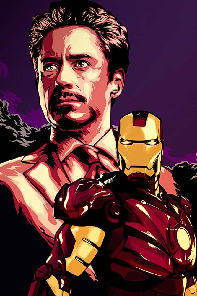 Iron Man Fan Art 桌布 壁紙 — 一幅風格化插圖，描繪身穿西裝的東尼·史塔克站在他的鐵甲奇俠裝甲旁邊，背景為紫色。