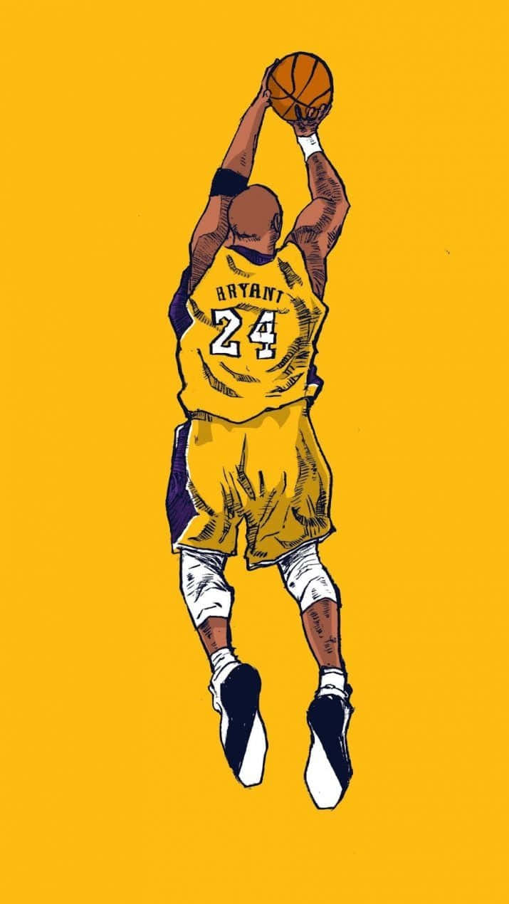Kobe 桌布 壁紙 — 一幅風格化插圖，描繪高比·拜仁（Kobe Bryant）在半空中入樽籃球，身穿標誌性黃色24號球衣，背景為純黃色。