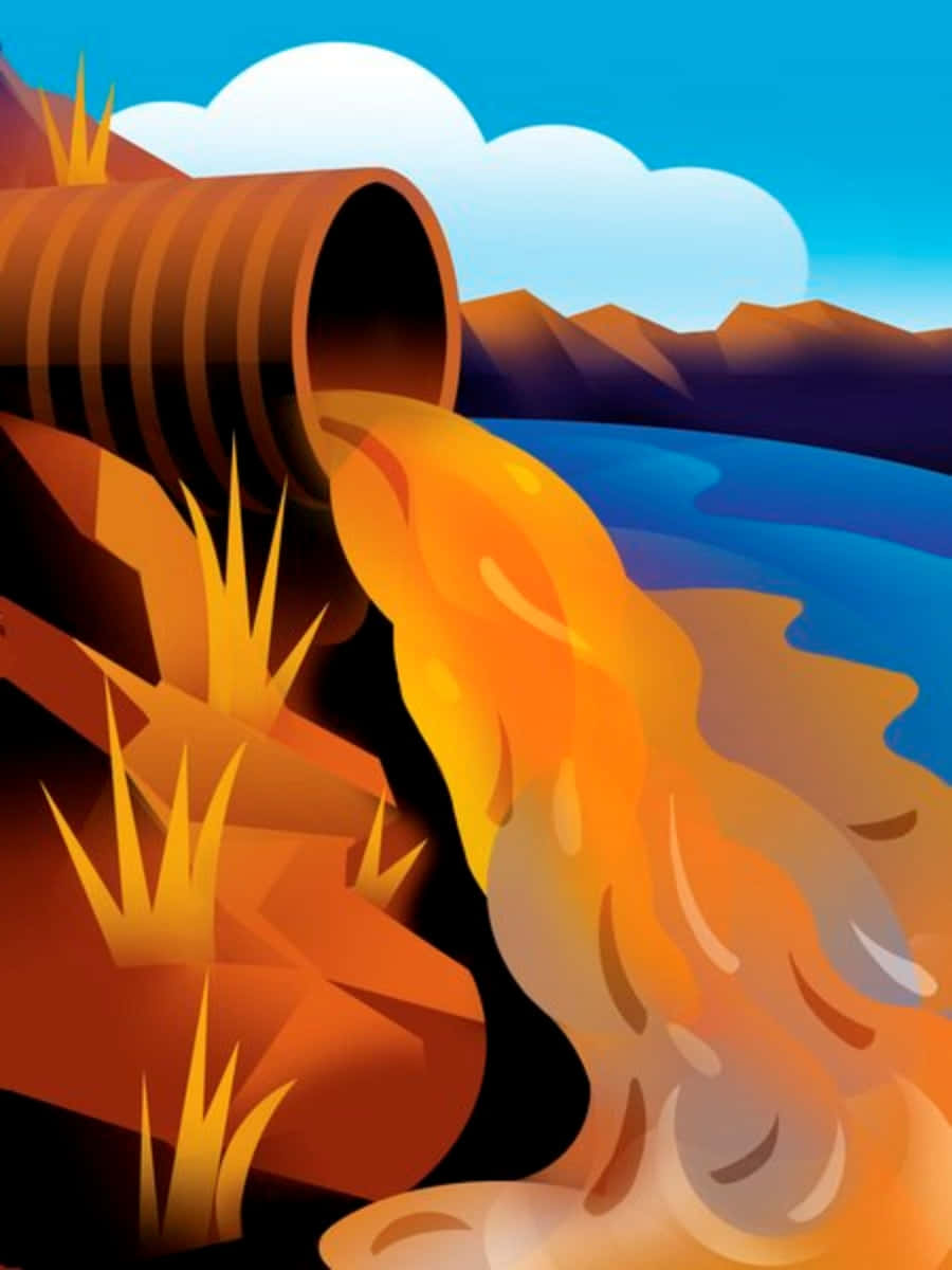 Clipart 桌布 壁紙 — 一幅風格化插圖顯示，在群山背景下，橙色污泥從生鏽的管道流入藍色的河流。