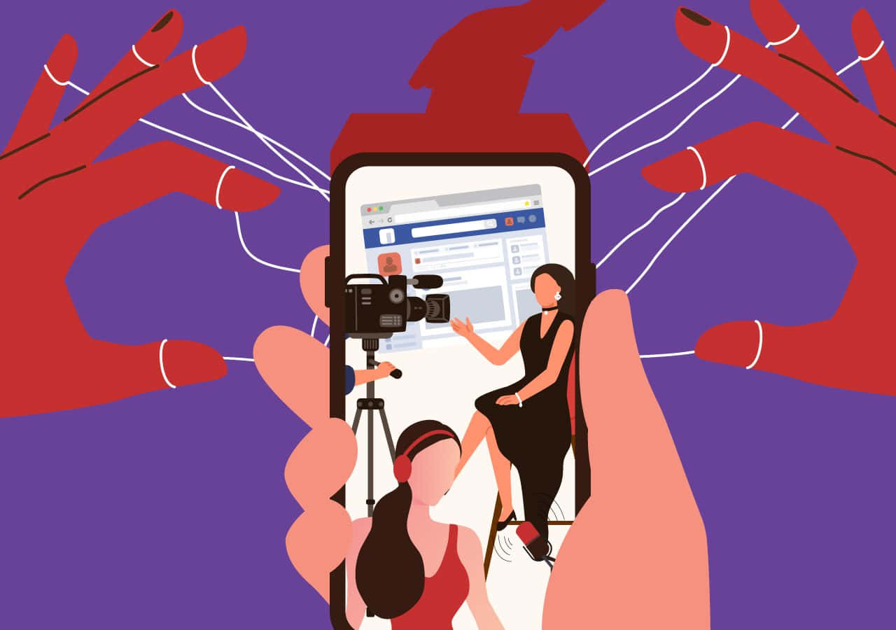 Media 桌布 壁紙 — 一幅風格化插圖顯示一個人在手機屏幕上拍攝串流主播，而紅色手從後面拉動電線。