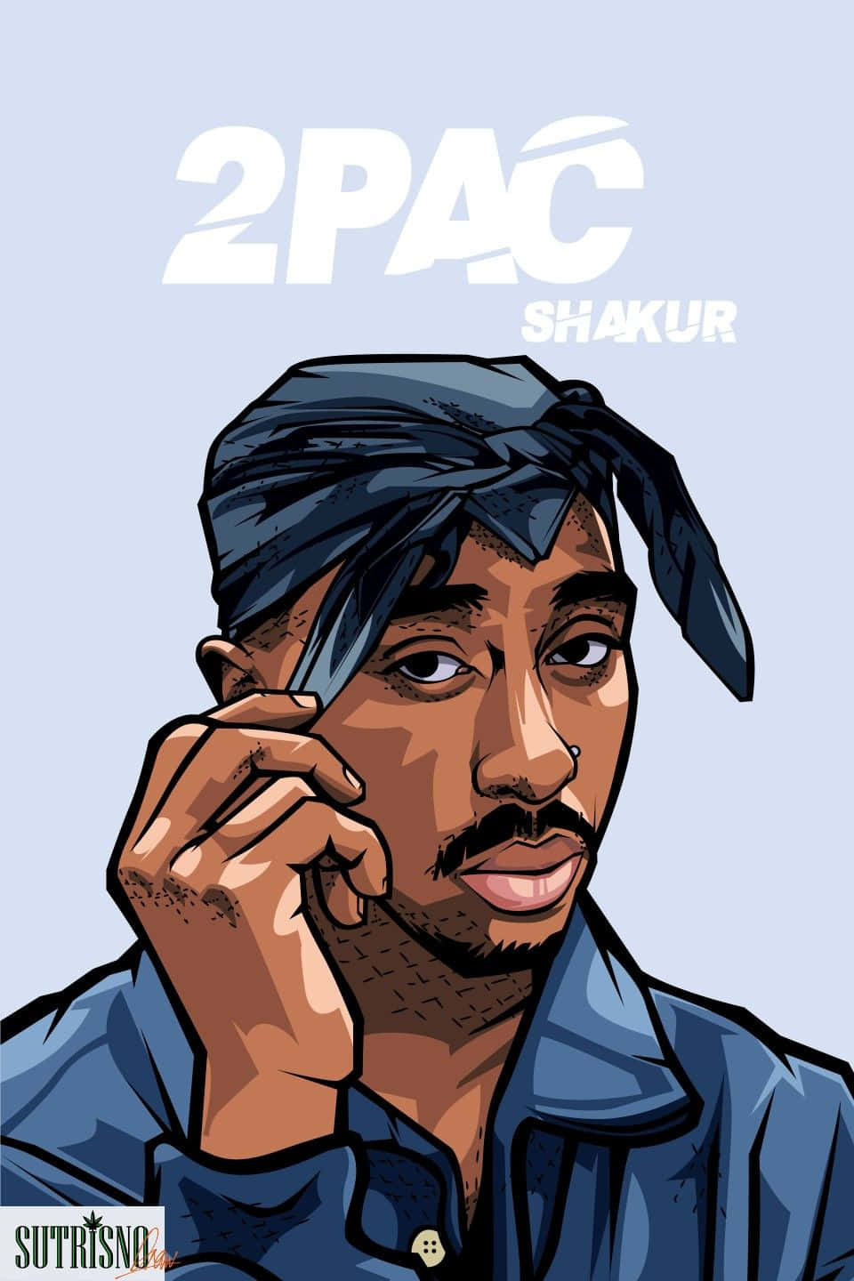 Thug Life 壁紙 — 一幅風格化的2Pac Shakur插圖，戴著藍色頭巾和牛仔襯衫，背景為淺藍色。