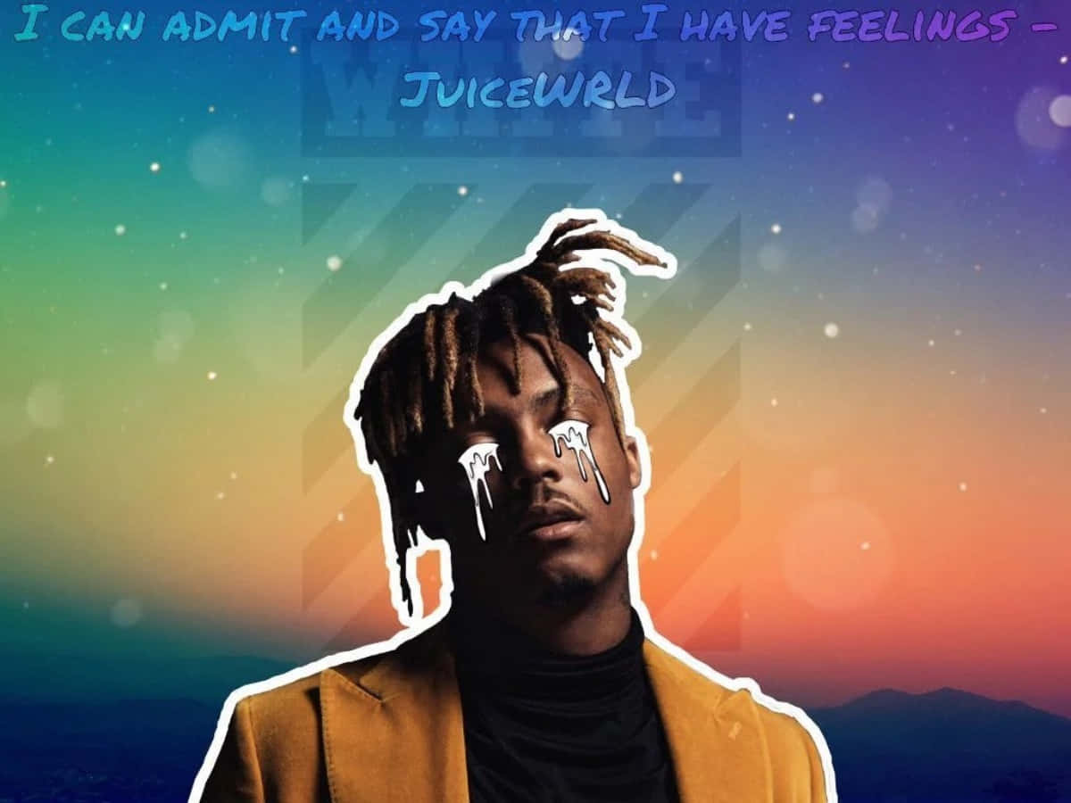 Juice Wrld Quotes 桌布 壁紙 — 一幅風格化的Juice WRLD肖像，融化的冰淇淋從他的眼睛滴落，背景是充滿活力的彩虹漸變天空。