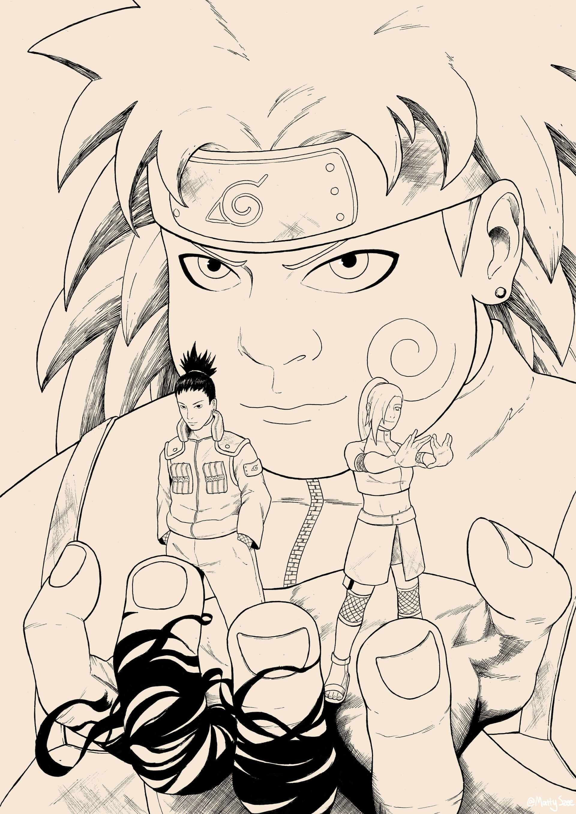 Ino Shika Cho 桌布 壁紙 — 一幅風格化的動漫插圖展示一個大型角色的雙手抱著兩個較小的角色，背景為米色，線條動感十足。