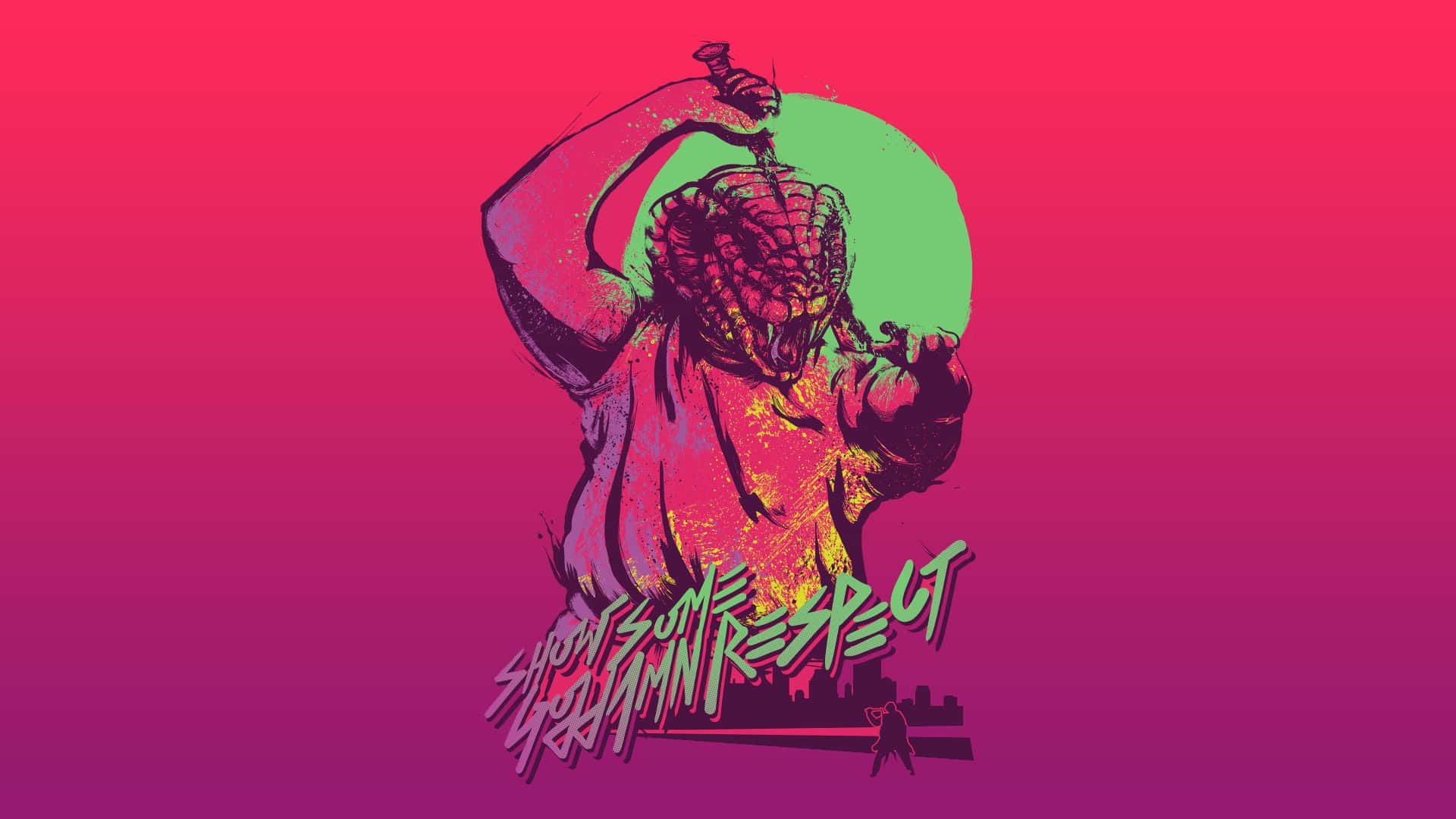 Hotline Miami 桌布 壁紙 — 一幅風格化的塗鴉風格插圖，描繪一個肌肉發達、頭部像爬行動物的角色，在充滿活力的粉紅和綠色漸變背景前手持武器。