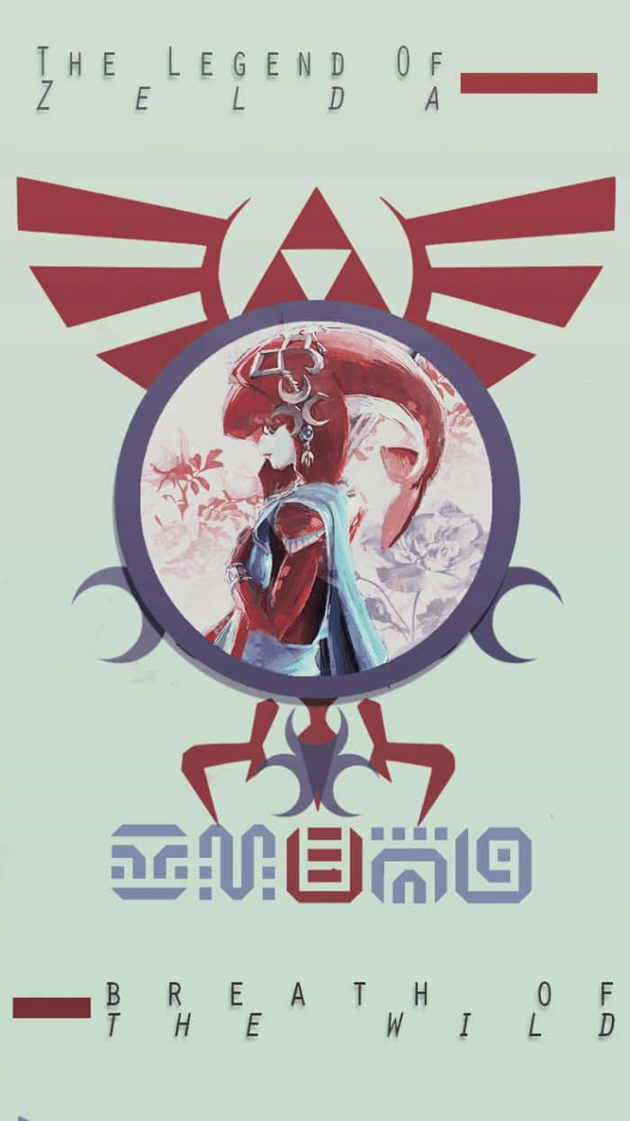 The Legend Of Zelda Mipha 桌布 壁紙 — 一幅風格化的塞爾達插圖，位於三角力量符號和遊戲標題文字下方的圓形框架內。