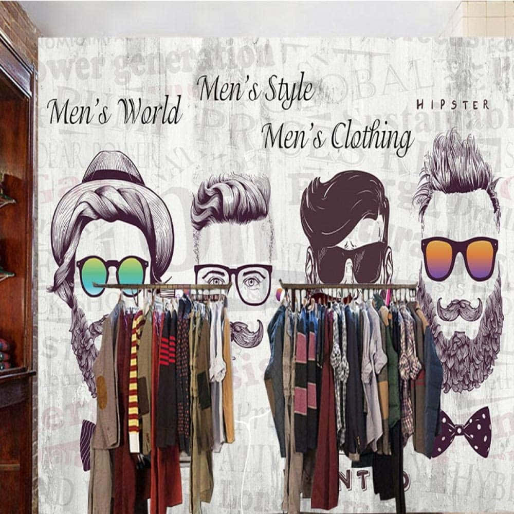 Clothing Design 桌布 壁紙 — 一幅風格化的壁紙壁畫，描繪四位戴太陽眼鏡和鬍鬚的插畫風格文青男士，兩側是男裝服飾店的衣架。