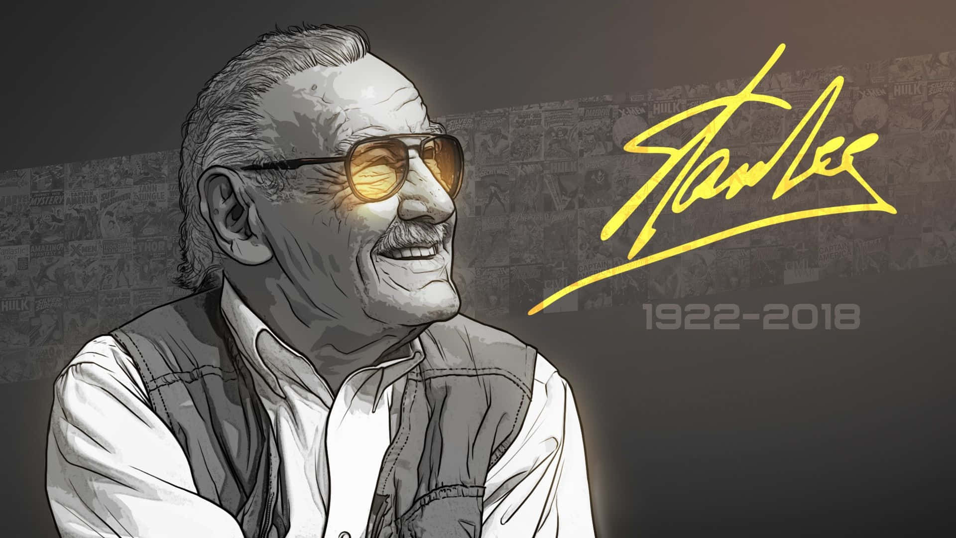 Stan Lee Tribute 桌布 壁紙 — 一幅風格化的插圖，史丹·李戴著太陽眼鏡微笑，身後有漫畫面板和他的簽名，日期為1922-2018。