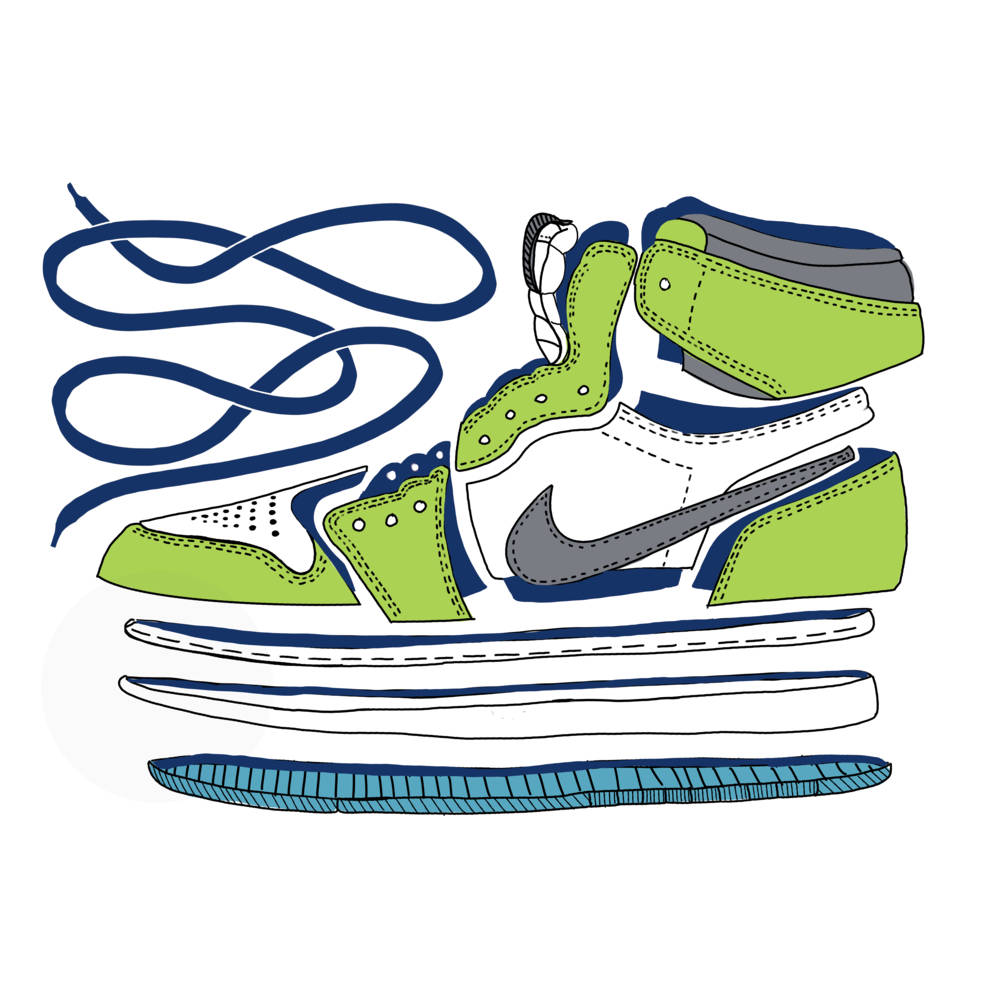 Nike 桌布 壁紙 — 一幅風格化的插圖，展示一雙綠色和藍色的Nike運動鞋分解成其組成部分，帶有可見的縫線和鞋帶。