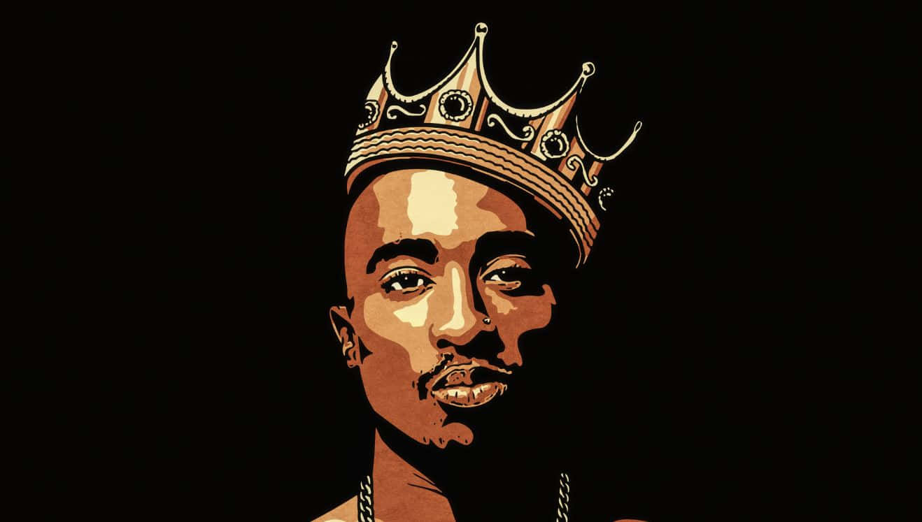 Tupac 桌布 壁紙 — 一幅風格化的插圖，描繪Tupac Shakur戴著金色皇冠，背景為黑色，帶有溫暖的燈光。