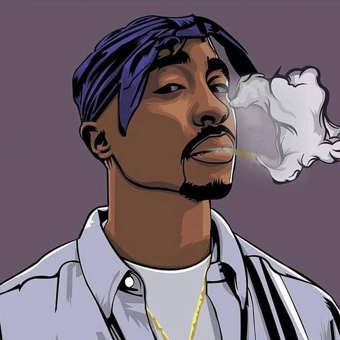 Tupac Shakur「Dope」 壁紙 — 一幅風格化的插圖，描繪Tupac Shakur在淡紫色背景前戴著紫色頭巾和金鏈，呼出煙霧。
