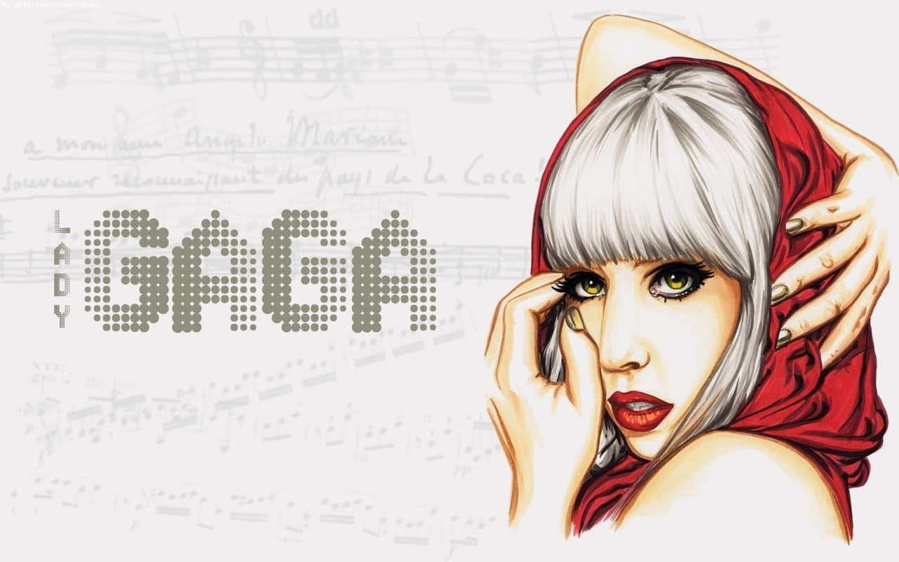 Lady Gaga 桌布 壁紙 — 一幅風格化的插圖，描繪了Lady Gaga，銀色頭髮和紅色圍巾，背景為樂譜。